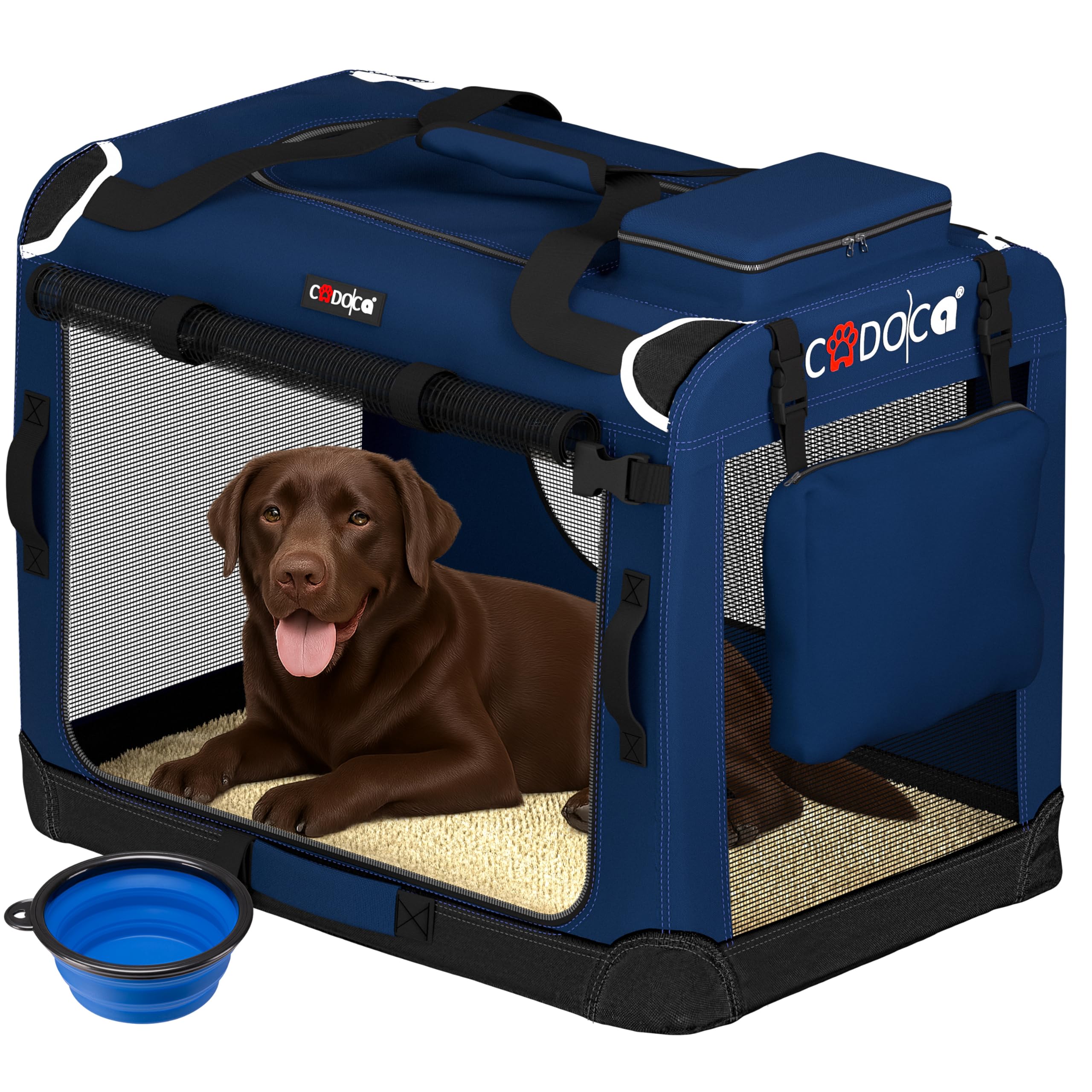 Dog Crate XXL - Fabric Dog Cage Foldable Portable Indoor & Car Travel Pet Carrier for Pets | Lightweight with Mesh Windows | Puppy, Kitten, Dog Carrier, Cat Carrier | 90x60x66cm Navy Blue