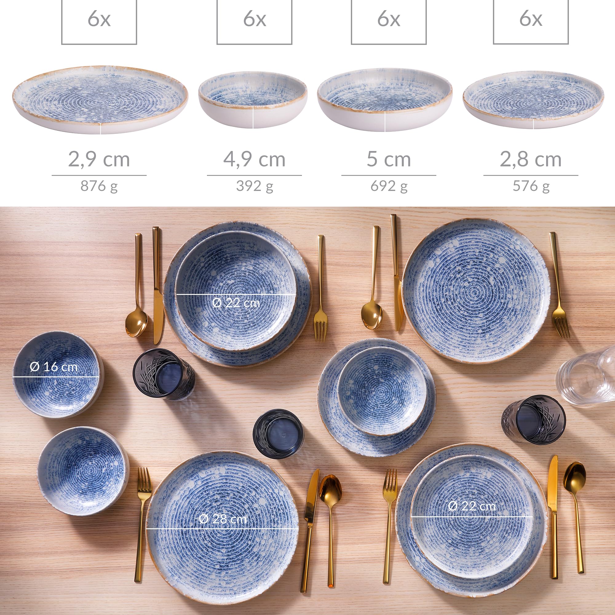 James Cooke Azure Vintage Steinzeug Geschirr-Set für 6 Personen - 24-Teilig - weiss blau gestreift, Relief Oberfläche - Spülmaschinen-, Ofen- & Mikrowellenfest