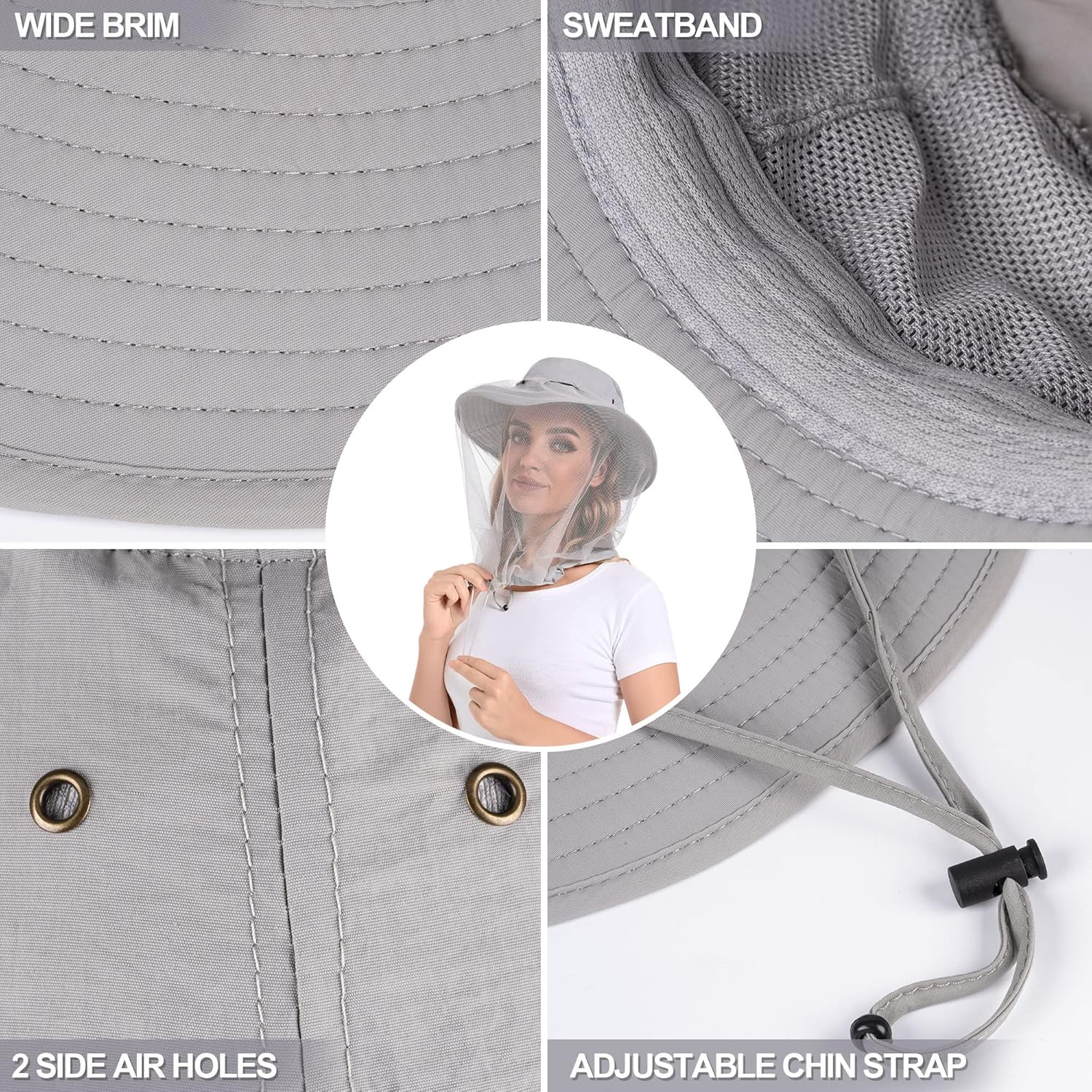 Mosquito Head Net Hat - Bug Cap UPF 50+ Sun Protection with Hidden Netting for Beekeeping Hiking Women
