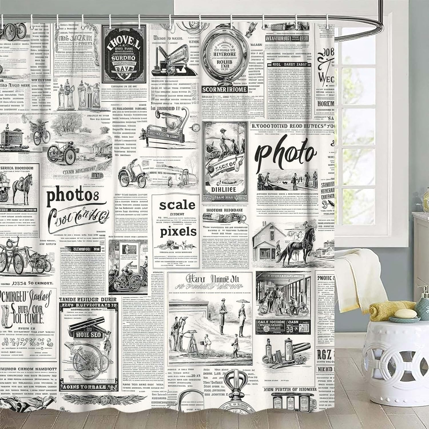 Western Vintage Newspaper Shower Curtain - Waterproof Polyester Fabric,20th Century News Pattern Vintage Bathroom Decor with Hooks 72X84IN