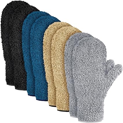 4 Pair Dusting Gloves Household Women Cleaning Gloves Washable Microfiber Mitt with Thumb Reusable Mittens for House Kitchen (Black, Dark Blue, Khaki, Gray)