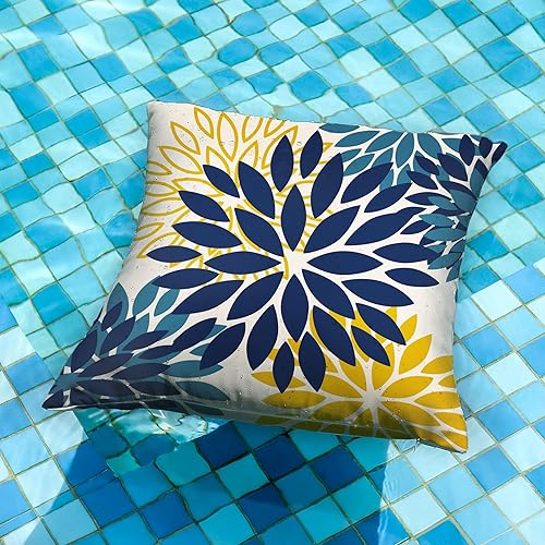 Miniatura 2 de Juego de 2 fundas de almohada de flores azules y amarillas de 16 x 16 pulgadas, para exteriores, impermeables, decoración para sala de estar, sofá,