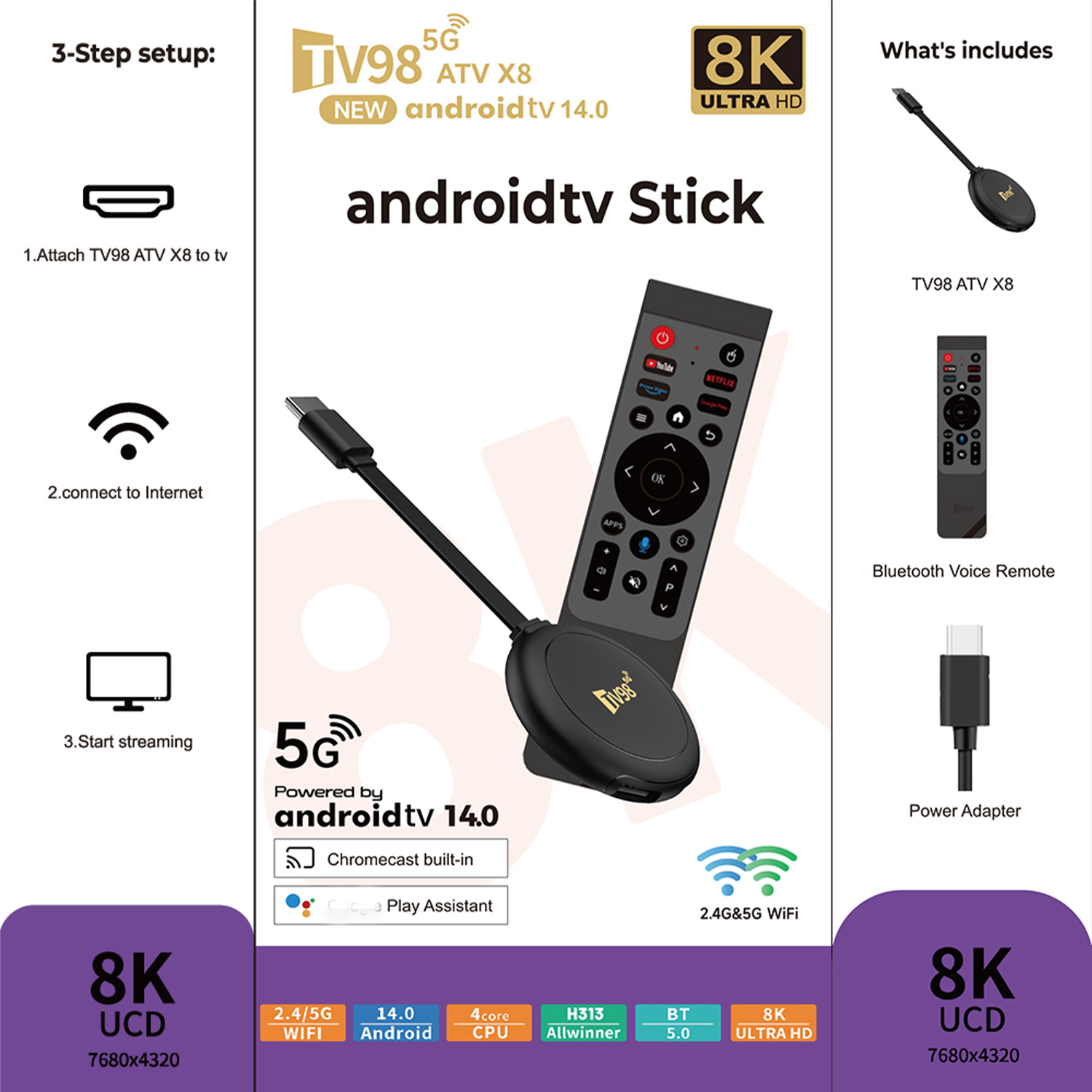 Smart TV Stick Android 14, Streaming 8K, Dual WiFi 2.4/5 GHz, 2Go RAM 16Go ROM, H313 Quad Core, Bluetooth, Télécommande Vocale - TV Son Photo