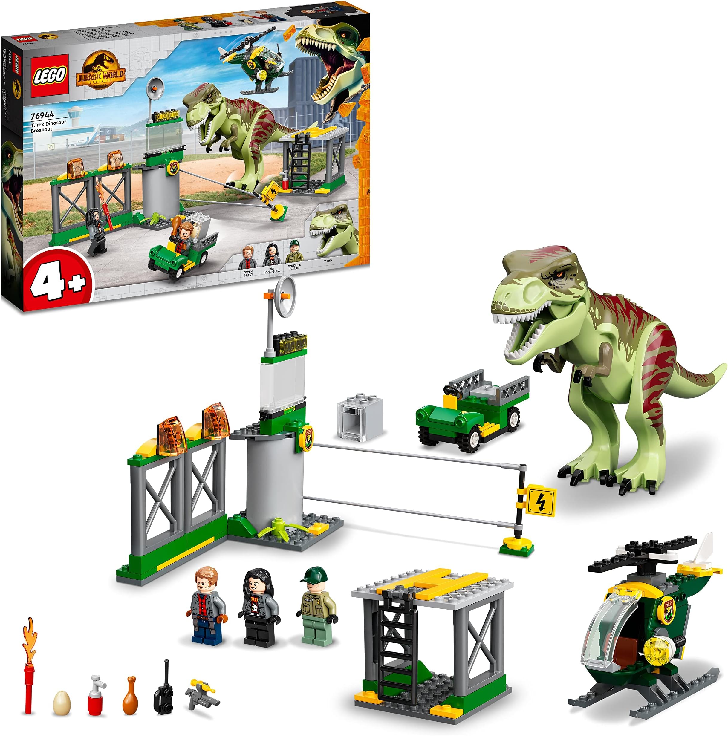 LEGO Jurassic World T. rex Dinosaur Breakout Set, Dino Toys for Preschool Kids, Boys and Girls Aged 4 Plus, with Airport, Helicopter and Buggy Car, Birthday Gift Idea 76944