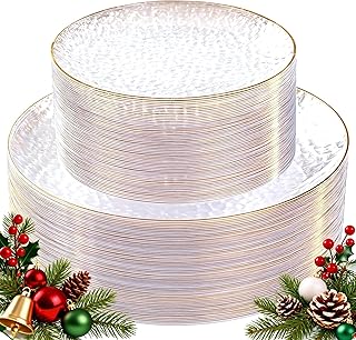 SUT 100Pcs Clear Christmas Plastic Plates, Hammered Plates Disposable Heavy Duty, Clear Disposable Plates With Gold Rim, Fancy Plastic plates Include 50 Dinner and 50 Dessert plates for Christmas