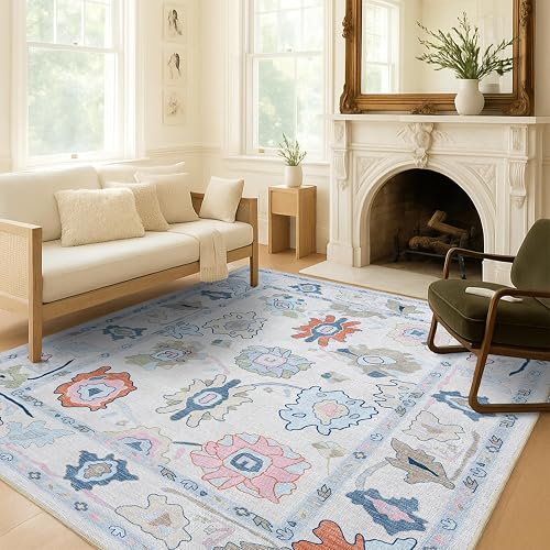 Fame Living Cream Oushak Washable Floral Rug