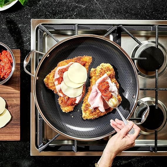 HexClad Hybrid Nonstick 7-Piece Cookware Set, 14 Pan with Lid, 14 Wok with Lid, 12 Griddle, and 2-Piece Oven Mitt Set, Stay-Cool Handles, Dishwasher and Oven-Safe, Induction Ready