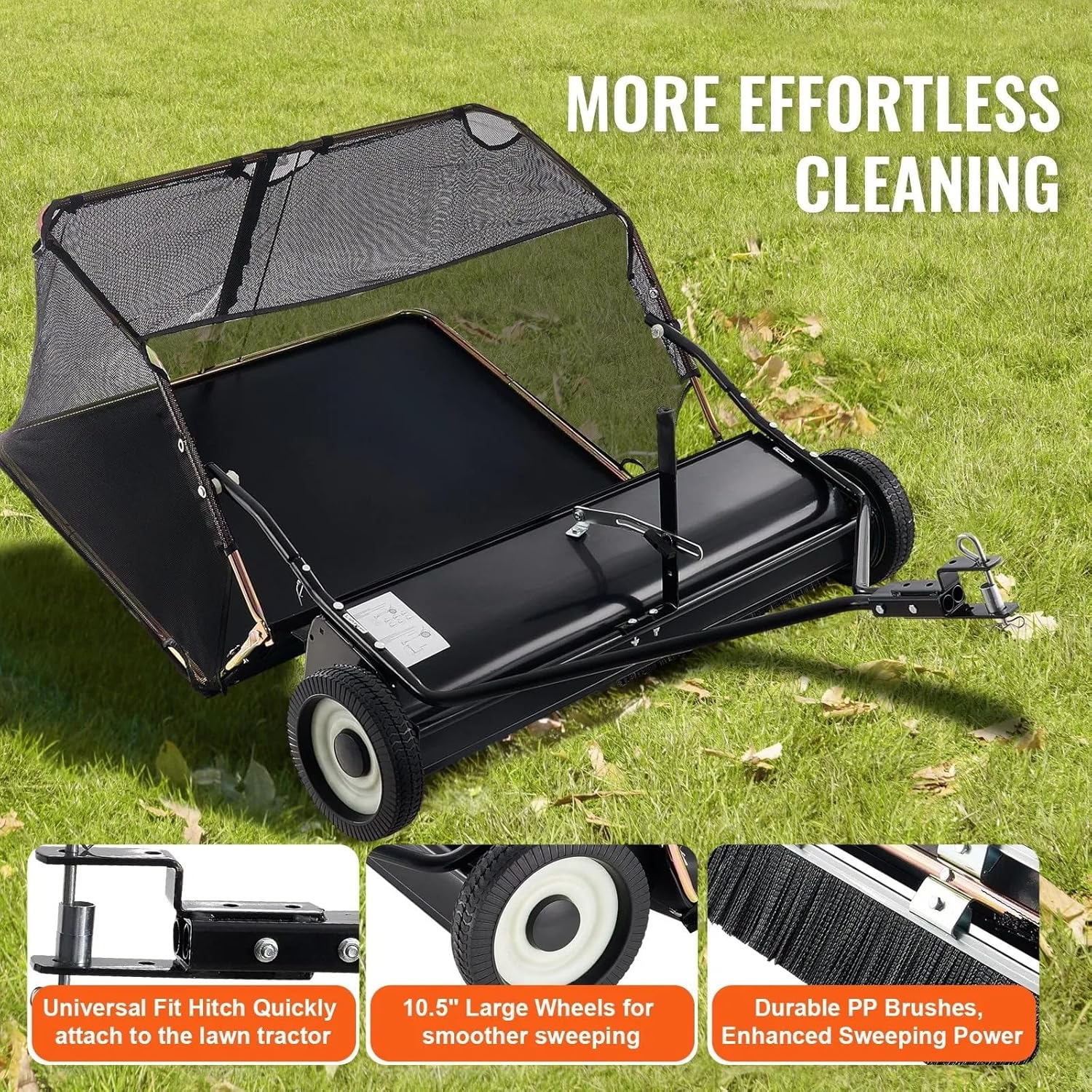 42 Inch Lawn Sweeper Tow Behind,12 cu.ft. Large Pull Behind Grass Sweeper, Heavy Duty Leaf & Grass Collector with Dumping Rope Design,Adjustable Sweeping Height for Picking Up Debris & Grass