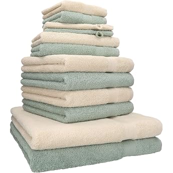 Betz Premium Towel Set 12 Pieces - 100% Cotton - Oeko-Tex Certified - 470 g/m  - 2 Bath Towels 4 Hand Towels 2 Guest Towels 2 Flannels & 2 Wash Mitts - Colour Sand/Hay Green