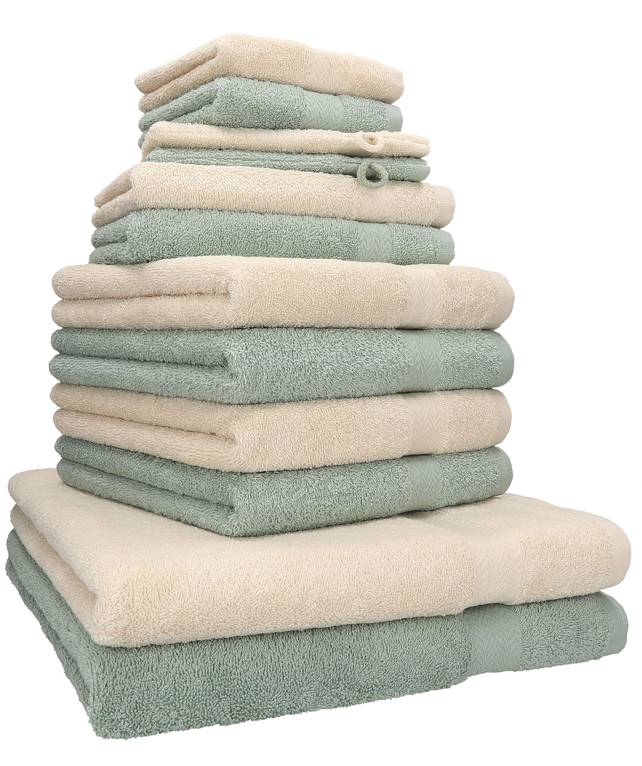 Betz Premium Handtuch-Set 12-teilig – 100% Baumwolle – Oeko-TEX® Zertifiziert – 470 g/m² – 2 Duschtücher, 4 Handtücher, 2 Gästetücher, 2 Seiftücher & 2 Waschhandschuhe - Farbe Sand/heugrün