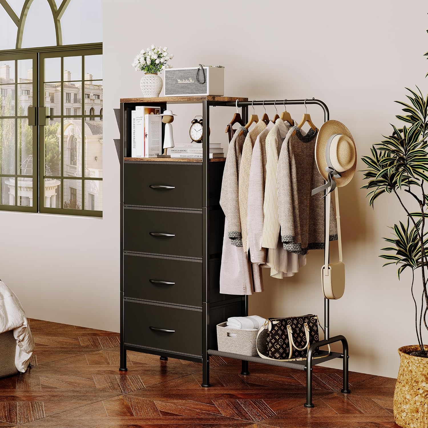 Homeiju Dresser with Hanging Rack, Reversible Dresser for Bedroom with 4 Drawers & Coat Rack & Side Pockets, Chest of Drawers with Clothes Rack, Kids Dressers for Bedroom, Black
