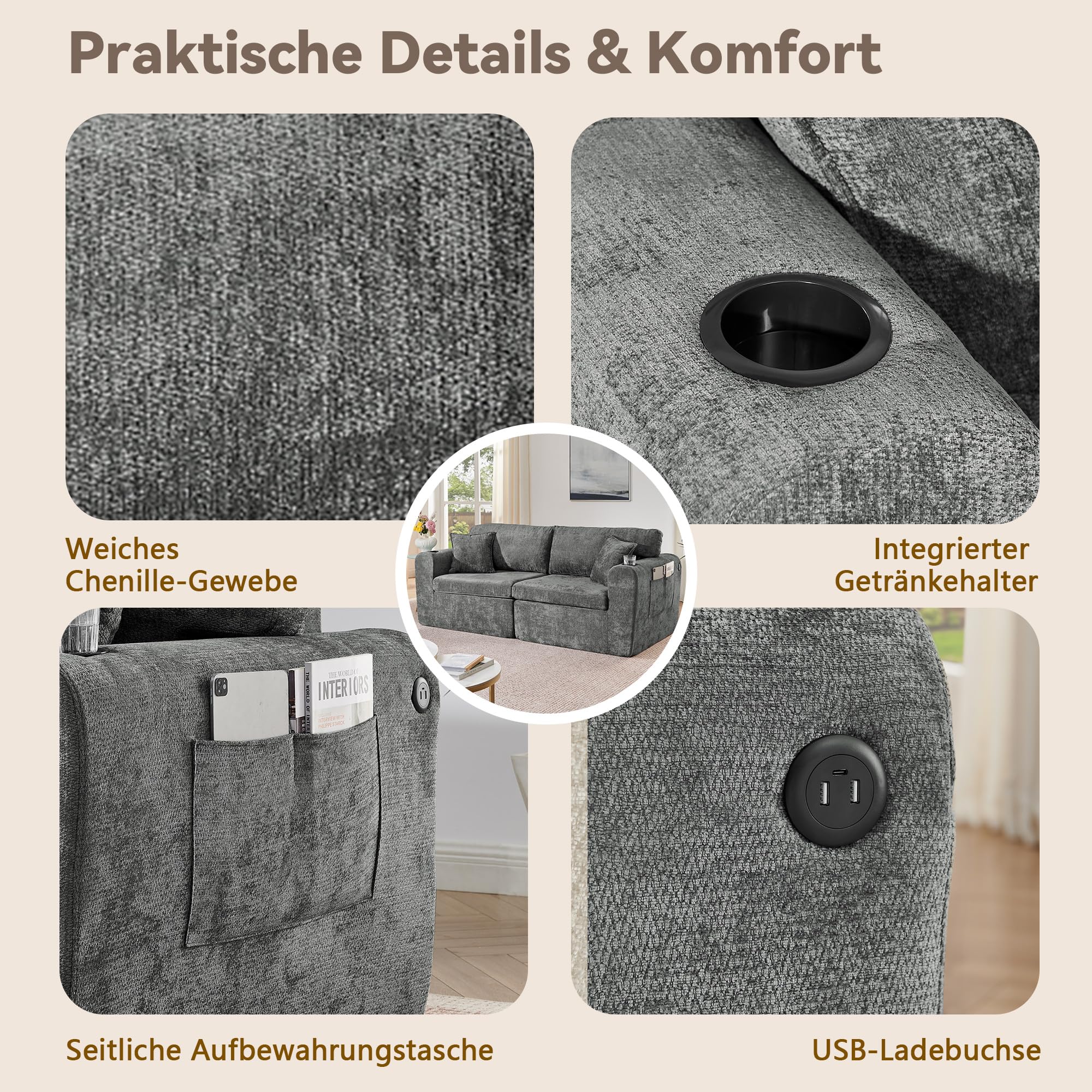 Sofá modular de 2 plazas Boneless con función de dormir de chenilla, color