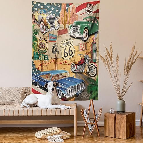 Miniatura 2 de Lunarable Route 66 - Tapiz tamaño Queen, coches antiguos de moda, motocicleta en un mapa, viaje por carretera, viaje, concepto estadounidense,