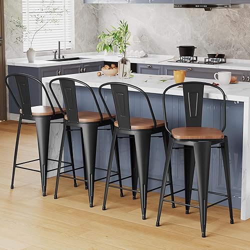 Miniatura 8 de Alunaune 24" Swivel Metal Bar Stools Set of 4 High Back Counter Height Barstools Industrial Dining Bar Chairs with Large Wooden Seat-Matte Black