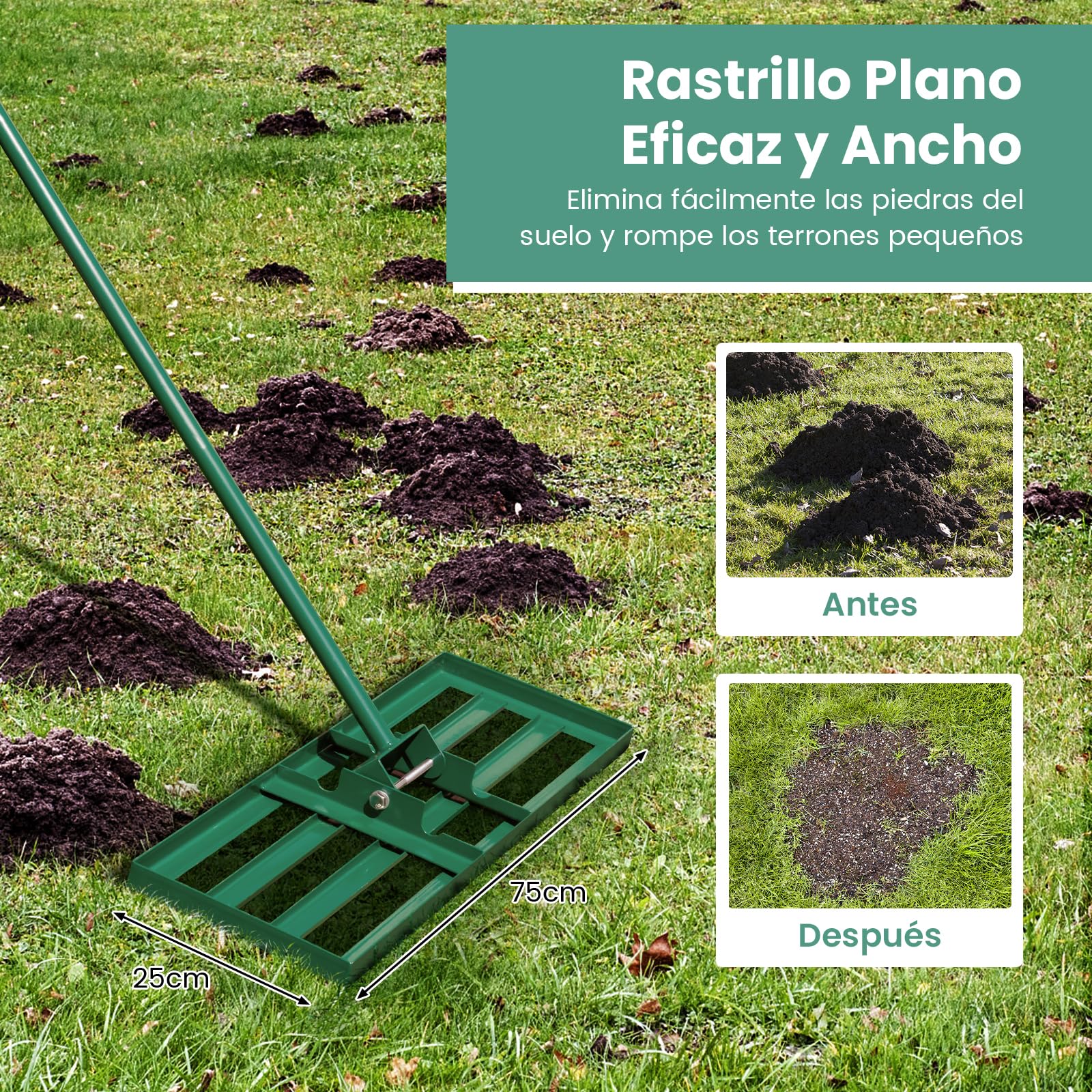 COSTWAY Rastrillo para Nivelar el Césped, 75 cm x 25 cm, Rasqueta de Césped de Nivelación con Mango Ergonómico para Suelo, Rastrillo de Paisajismo Que Ahorra Esfuerzo para Jardín, Patio (Verde)