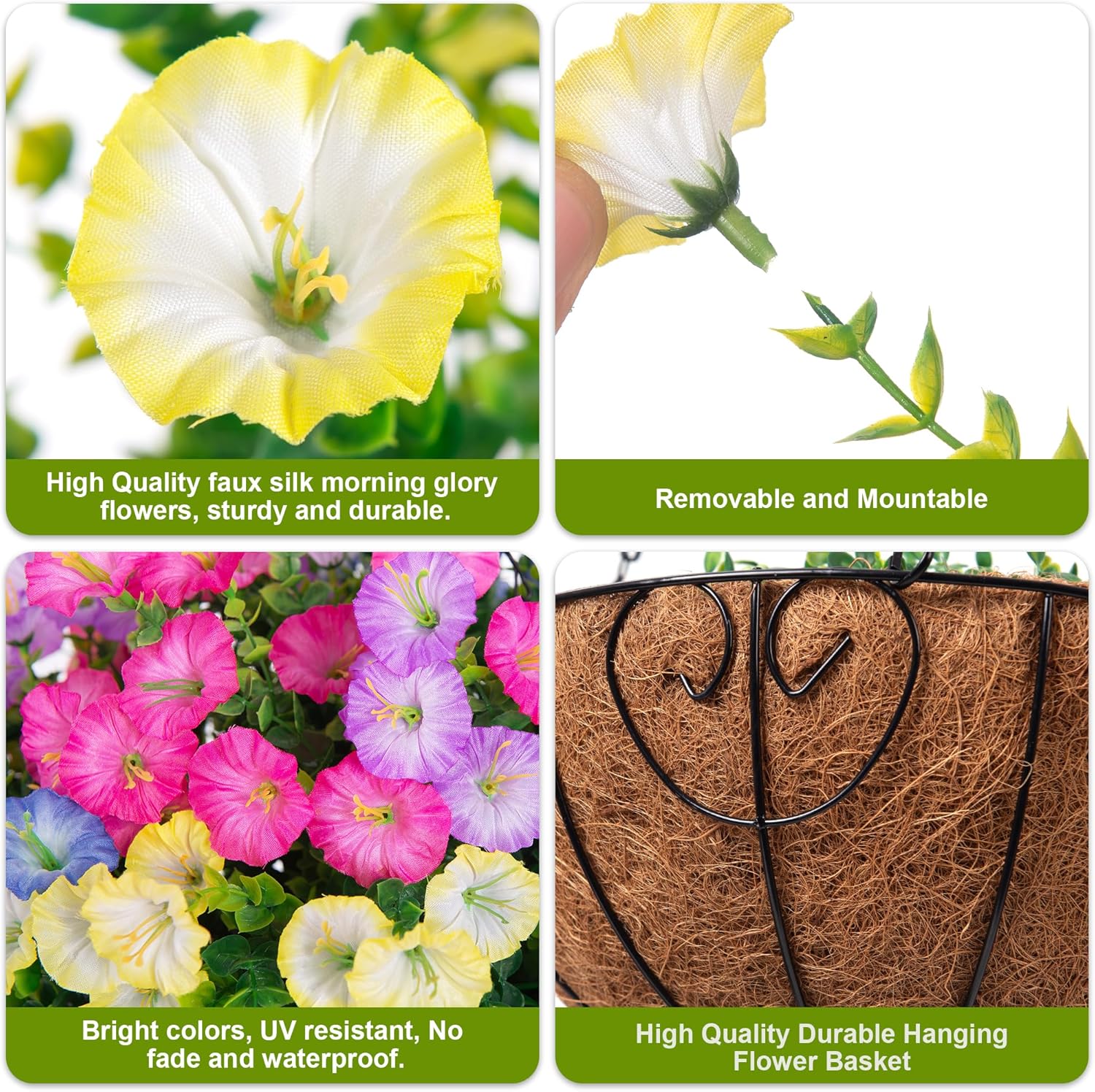Artificial Fake Hanging Flowers Baskets for Outdoors Faux Plants Spring Outside Decor, UV Resistant Silk Morning Glory Flowers in Planter Realistic Petunias for Outdoor Porch Patio Garden Yard Home - Image 5
