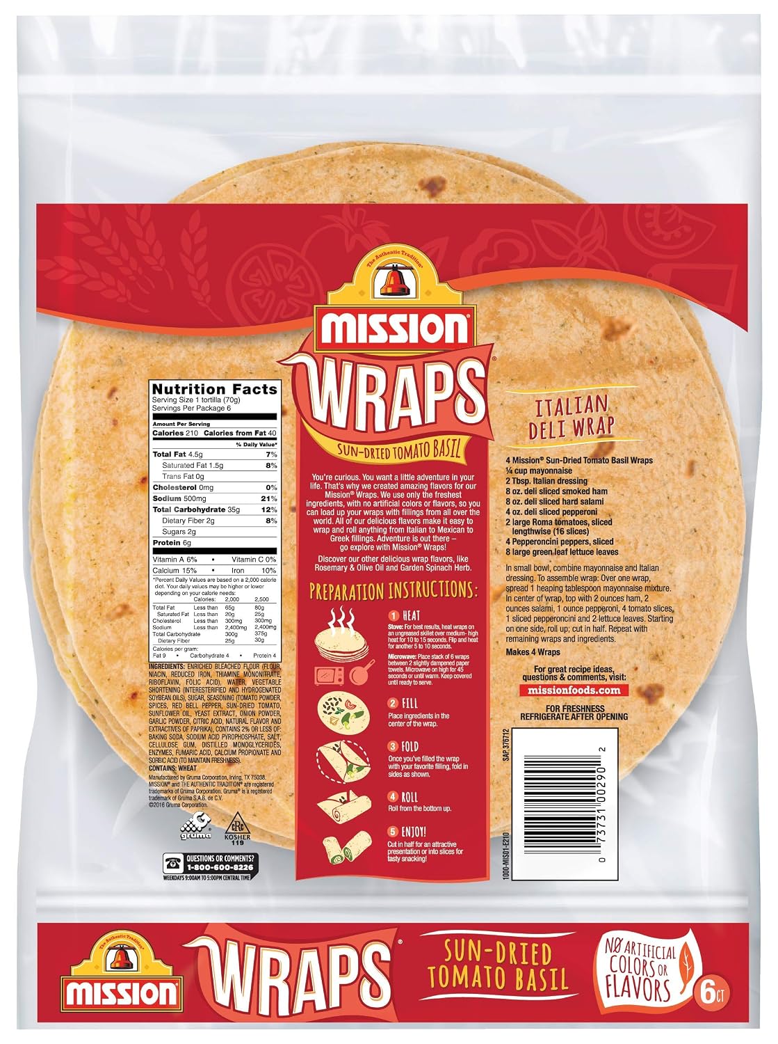 Mission Sun-Dried Tomato Basil Wraps, Soft Veggie Wraps, 6 Count