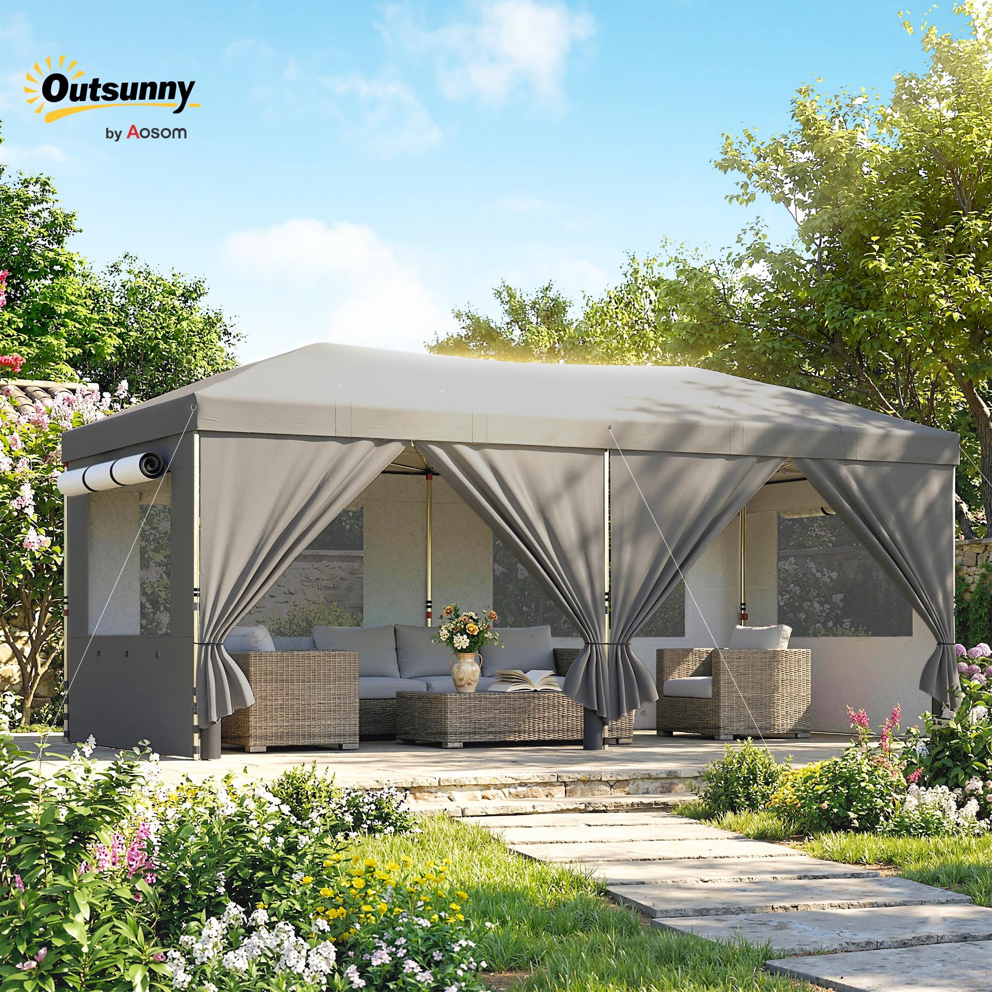 Outsunny Gazebo Pieghevole 3x6m Pop Up con 6 Pareti Laterali e Finestre in Rete, Gazebo da Giardino Altezza Regolabile con Sacchi di Sabbia, Borsa a Ruote, UV50+ per Esterno Feste, Grigio Scuro