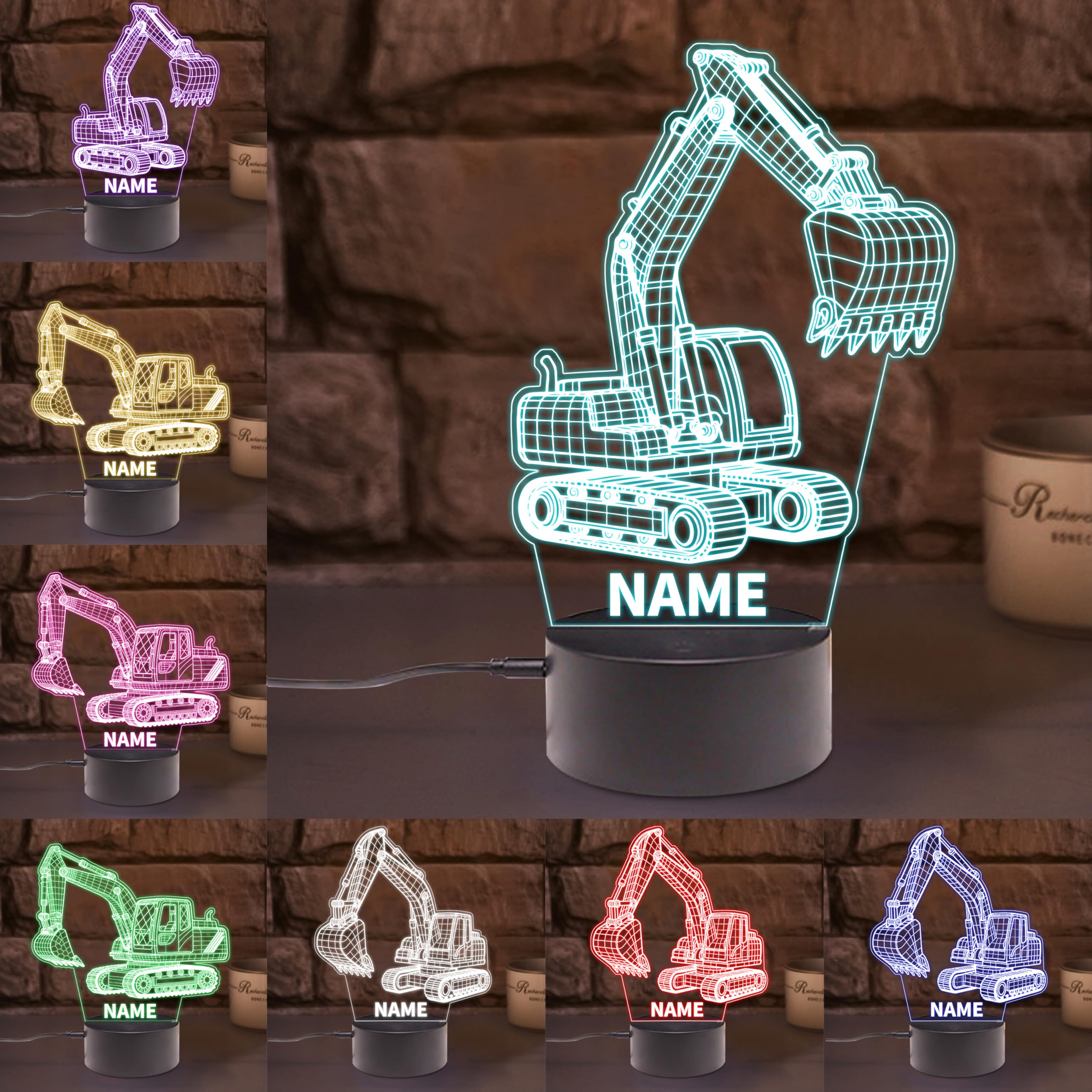 SSRUI Personalized Boxing Night Light Custom Name 3D Illusion Lamp with Multiple Colors Changing, Led Desk Lamp Home Decor Gifts for Christmas Birthday (Excavator)