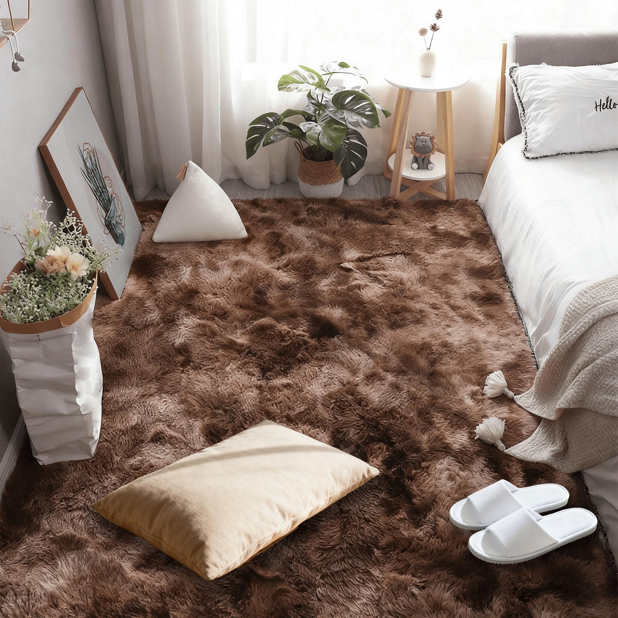 Tapis chambre 90x160 cm poil long marron pour couloir et salon chaleureux