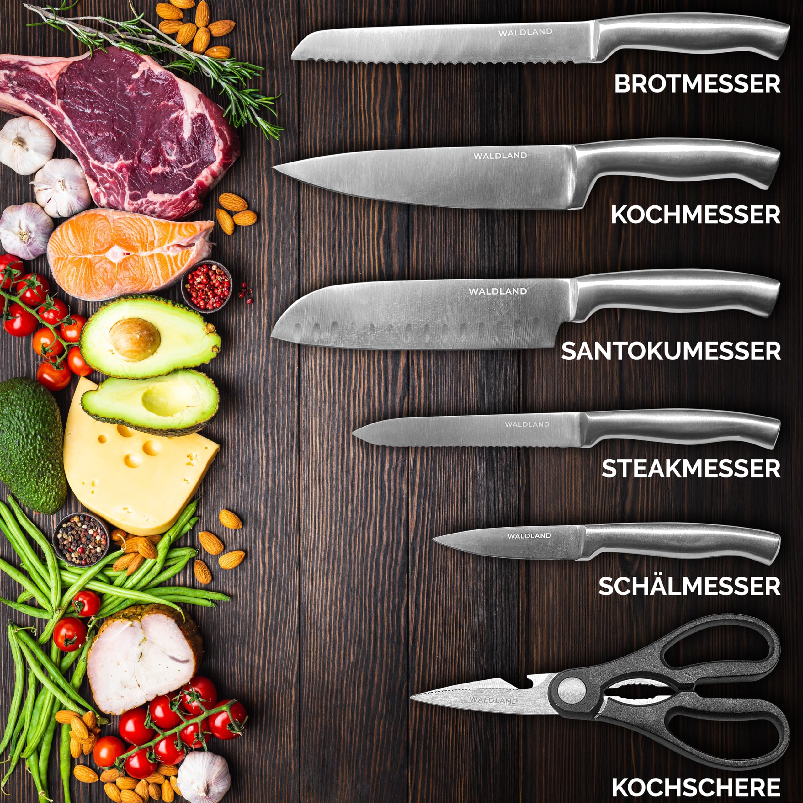 WALDLAND Premium Messerblock mit Messer – 7 teiliges Messerset I Messerblock mit Küchenmesser Set und integriertem Messerschärfer I robustes Akazienholz I Messer Set I Knife Set (Akazienholz)