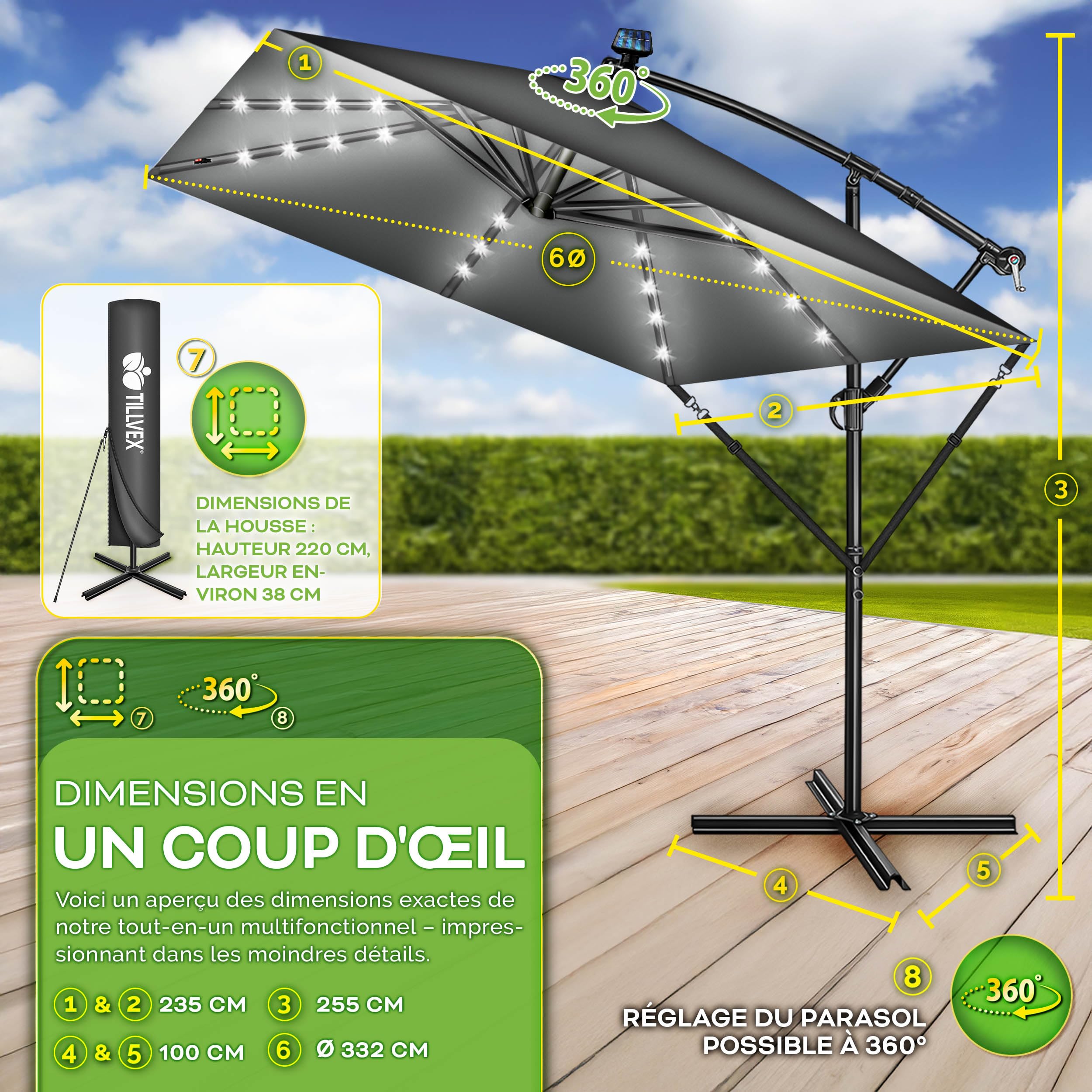 tillvex® Parasol déporté Rectangulaire Ø 330 cm + Housse de Protection & contre le vent | Parasol à manivelle carré avec support | Parasol de jardin Extérieur Anti-UV en aluminium