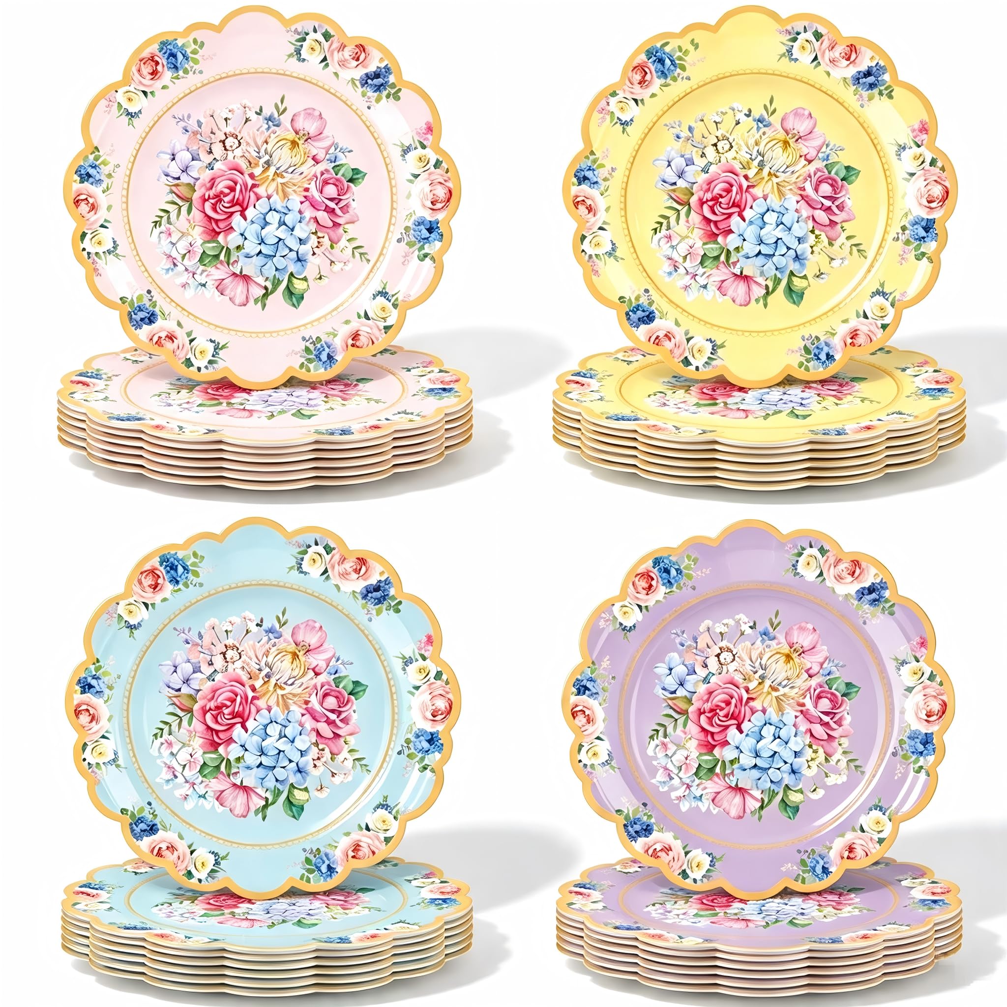 48 Pcs Floral Paper Plates, Vintage Pastel Plates, Classic British Style