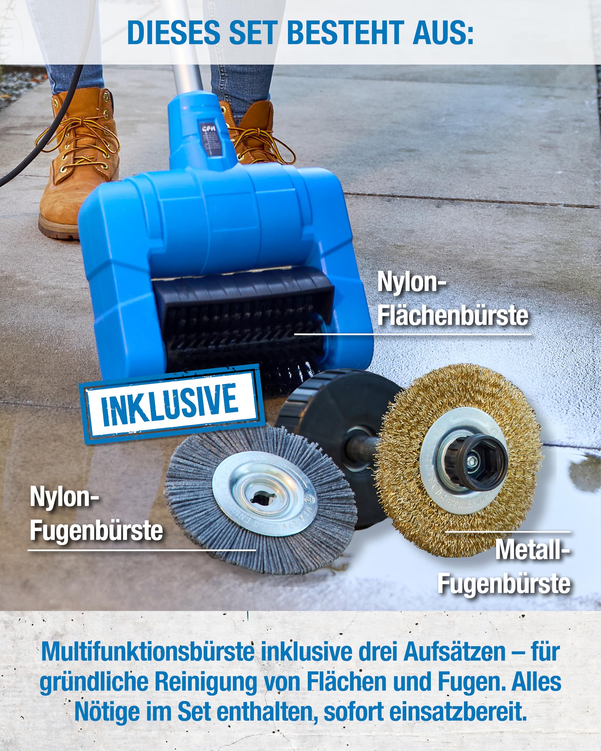 CFH E-Multifunktionsbürste EMB 684 - Fugenbürste elektrisch 230 V 500 W 750-1.300 U/min, Unkraut Entferner für Fugen & Flächen, Werkzeugloser Bürstenwechsel, Teleskopstiel, TÜV SÜD GS Zertifiziert