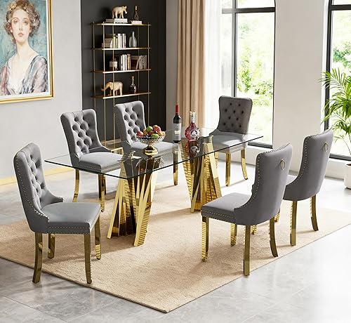 Miniatura 58 de Juego de 5 mesas de comedor de cristal plateado, mesa rectangular moderna de cocina y comedor de 70 pulgadas para 4, mesa de comedor de vidrio Mesa