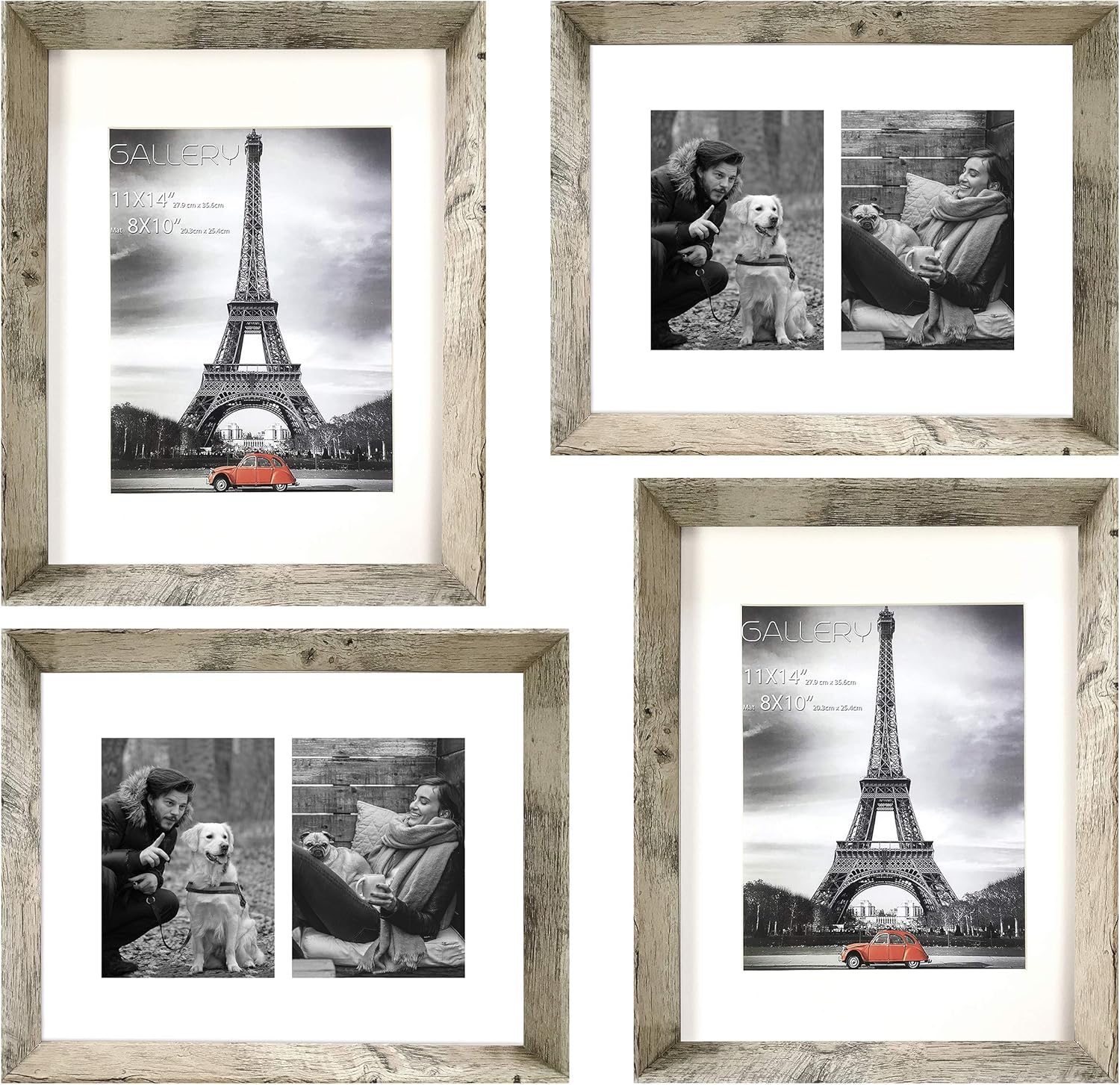 Art Emotion Farmhouse Rustic Woodgrain Style High Profile Picture Frame, 1.75" Frame Height, 2MM Reinforced Glass, Light Oak Finish 11x14 Frames for 8x10 and 5x7 Photos, Pack of 4 Light Oak 11x14 w/ 8x10 & 5x7 Openings