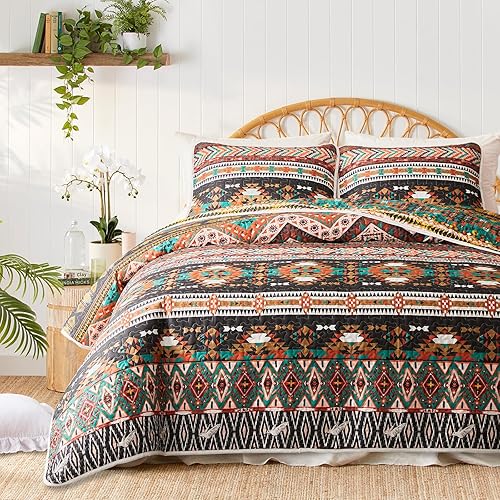 Miniatura 6 de Juego de edredón bohemio colorido de 3 piezas, tamaño matrimonial y queen, color borgoña y marrón, juego de colcha de cama con estampado bohemio a