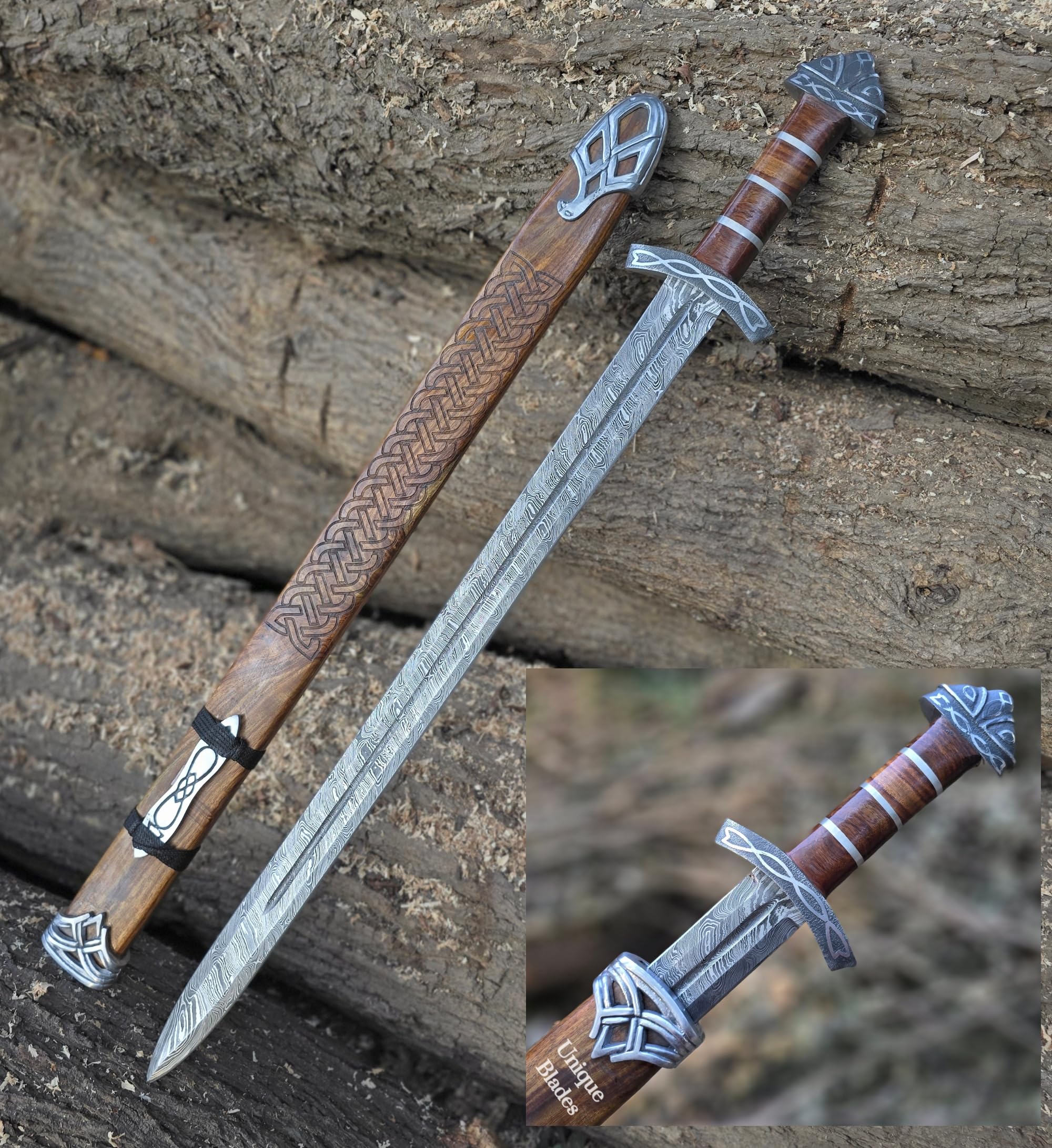 Unique Blades Medieval Viking 1095 Damascus Steel Sword, 101.6 cm, Wood Scabbard, Double Edge, Single Handed Wall Display Home Decor