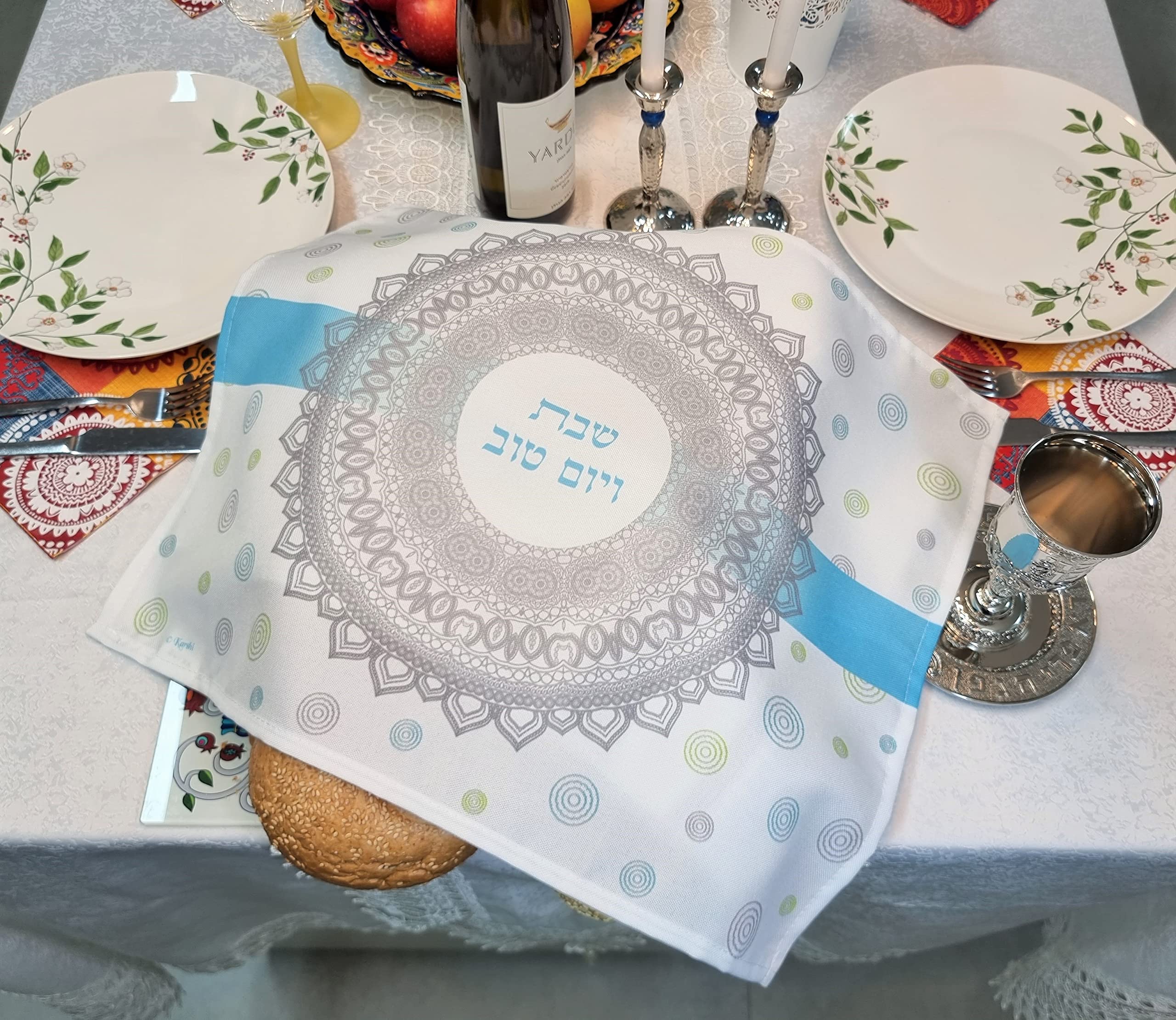 TALISMAN4U White Challah Bread Cover Shabbat Floral Printed Pattern Hebrew Blessing Israel Judaica Gift 21 x 17 Inch