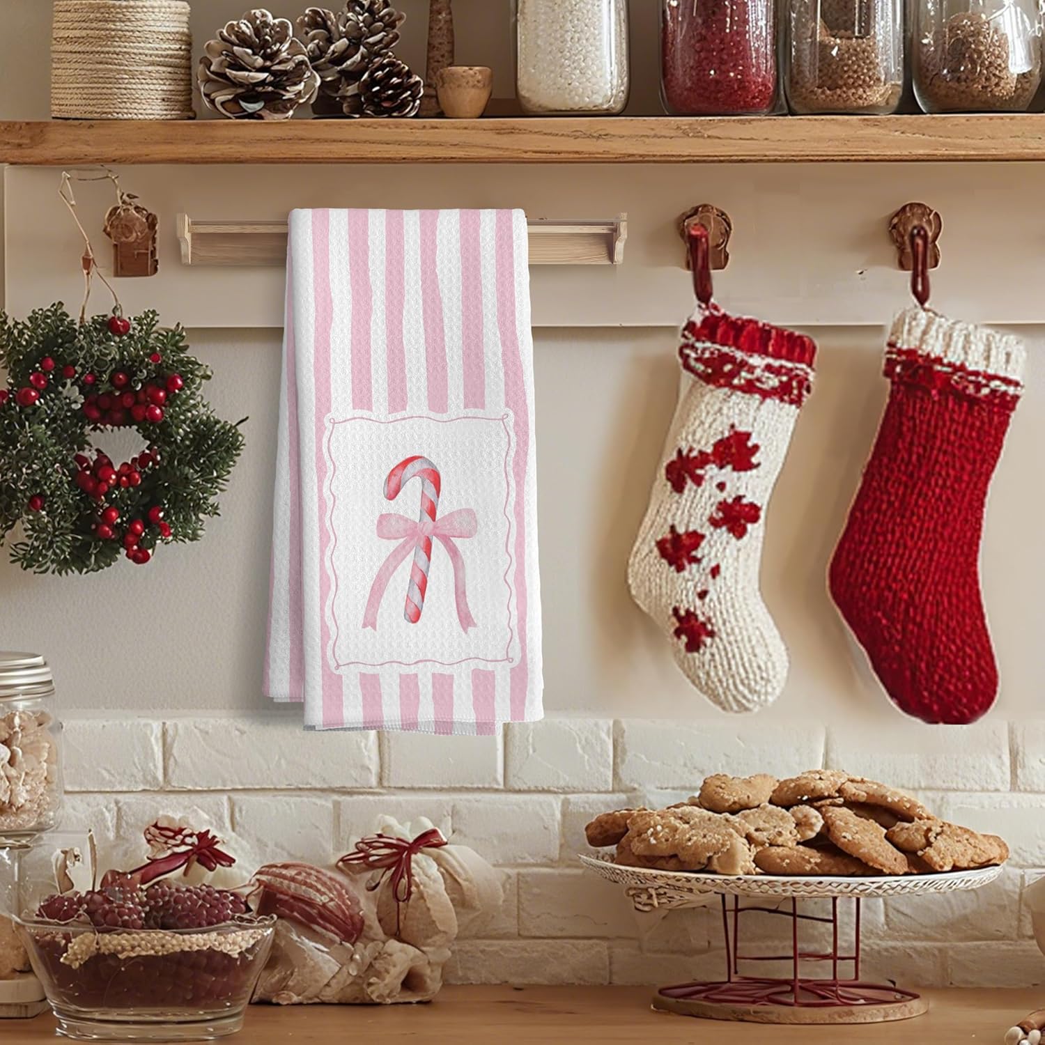 Preppy Pink Candy Cane Christmas Kitchen Dish Tea Towels, Pink Bow Stripes Decorative Hand Towels for Bathroom Kitchen, Coquette Christmas Bathroom Decor, 16x24 Inch - Image 3