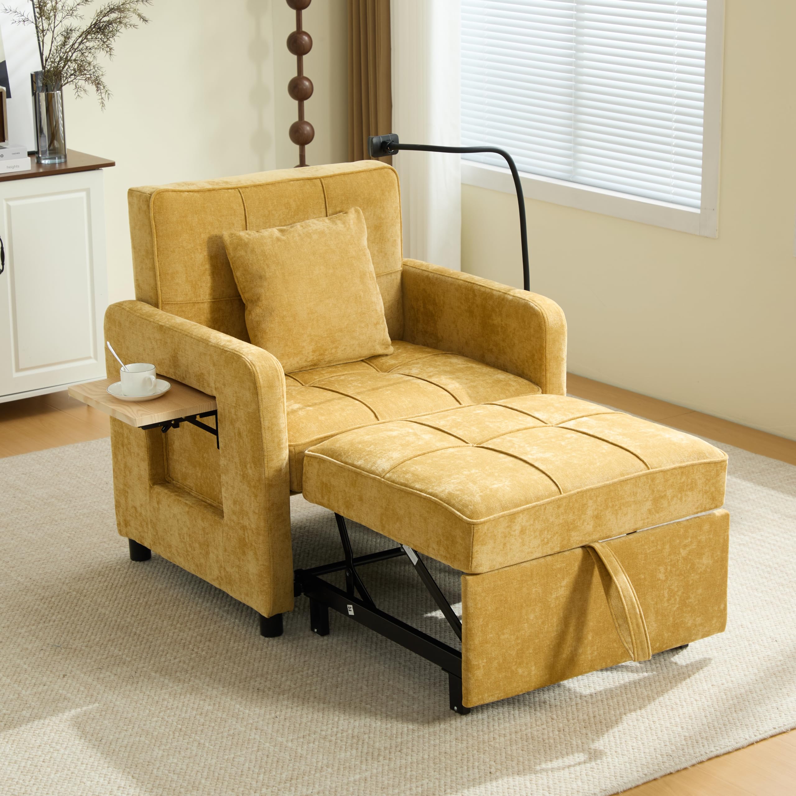 Sofá cama individual multifuncional de chenilla, sofá plegable con función de dormir, silla de sofá con mesa auxiliar pequeña y bolsa de almacenamiento, para salón y dormitorio, color amarillo