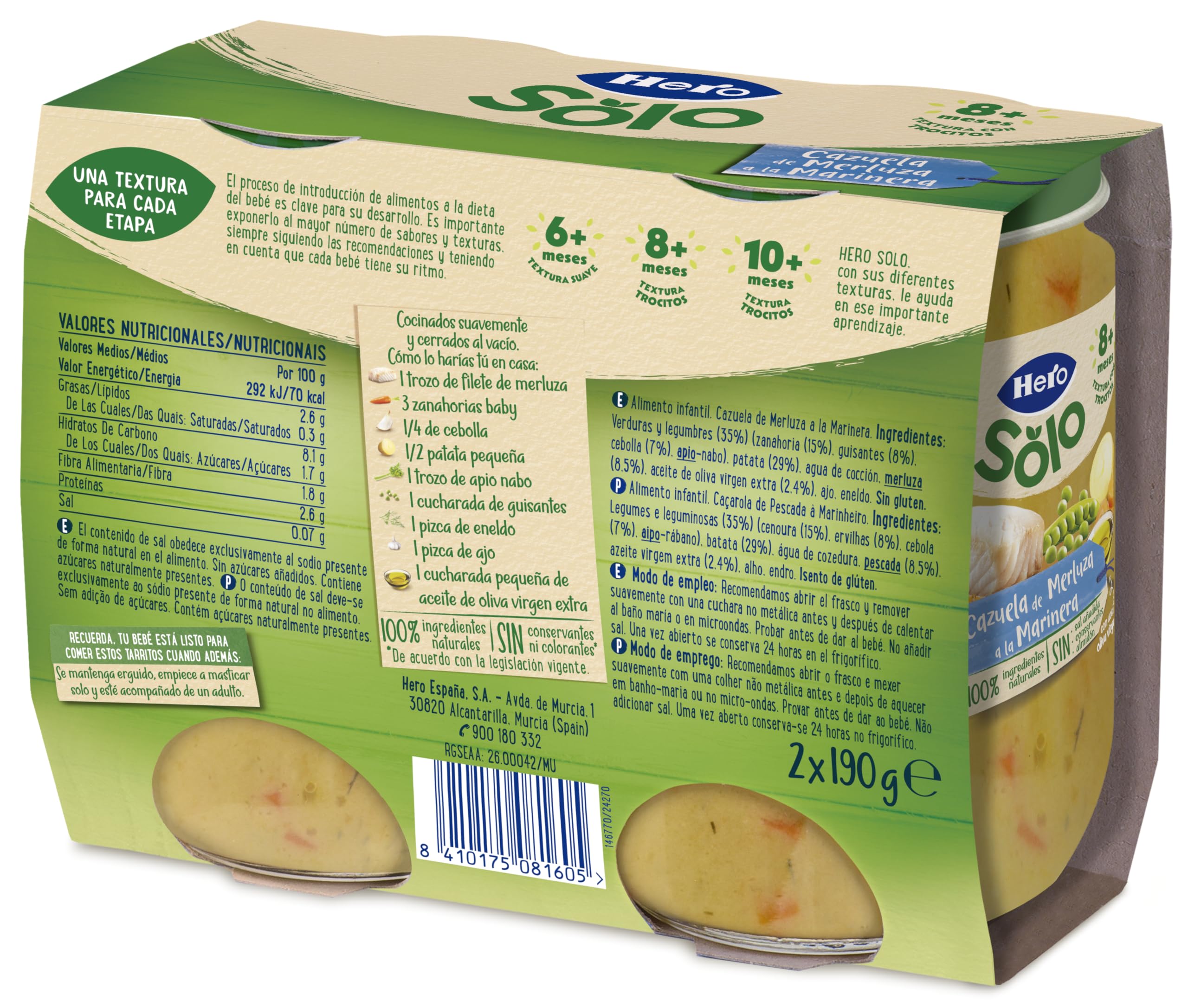 Hero Baby - Recetas Caseras, Tarritos de Cazuelita de Merluza a la Marinera, Sin Sal Añadida, Sin Almidón, Sin Aceite de Palma, Ingredientes 100% Naturales, 6 Packs de 2x190g