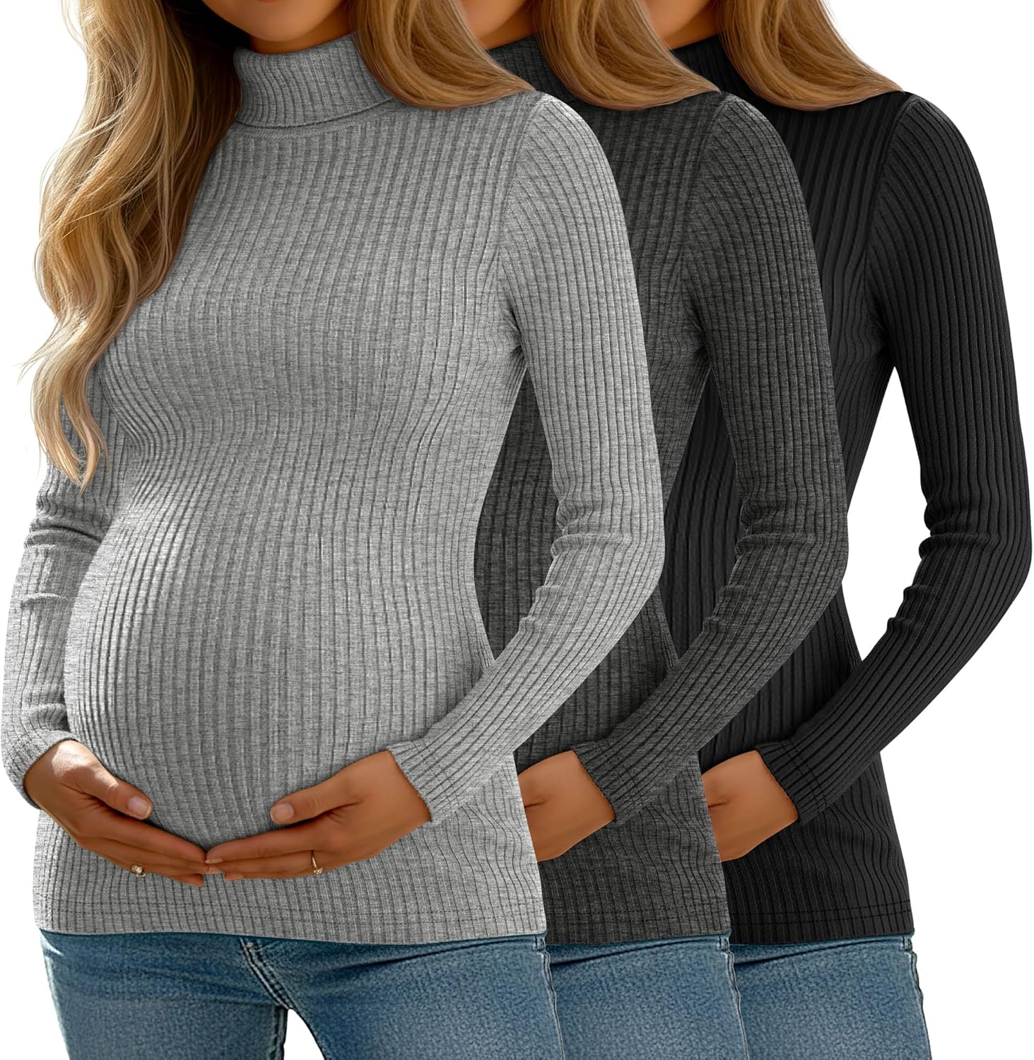 Sweetyweee 3 Pack Women's Maternity Shirts Ribbed Turtleneck Long Sleeve Slim Fit Pregnancy Tops Fall Casual Pregnant Sweater