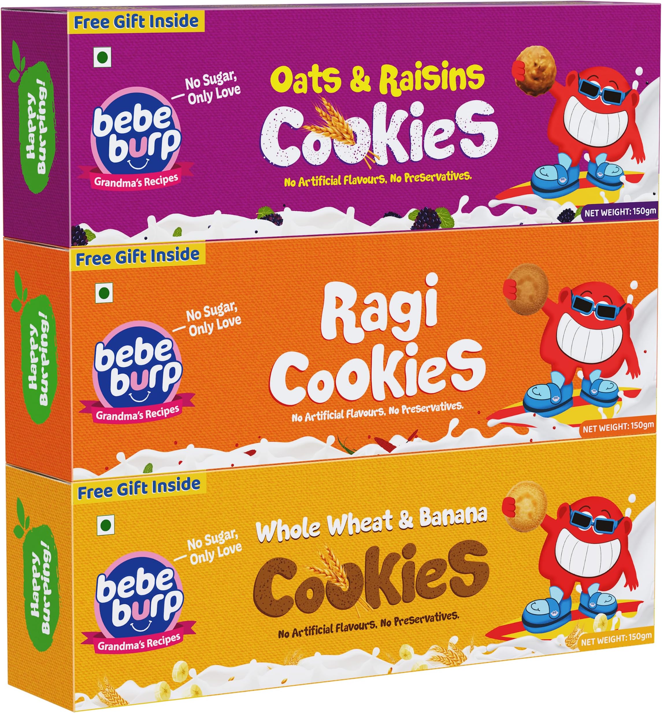 Bebe Burp Cookies & Biscuits for Kids | Combo Pack – Ragi, Whole Wheat & Oats & Raisins | 100% Natural, No Preservatives, No Sugar | Healthy Snacks for All Ages | Natural Ingredients | 450g (Pack of 3)