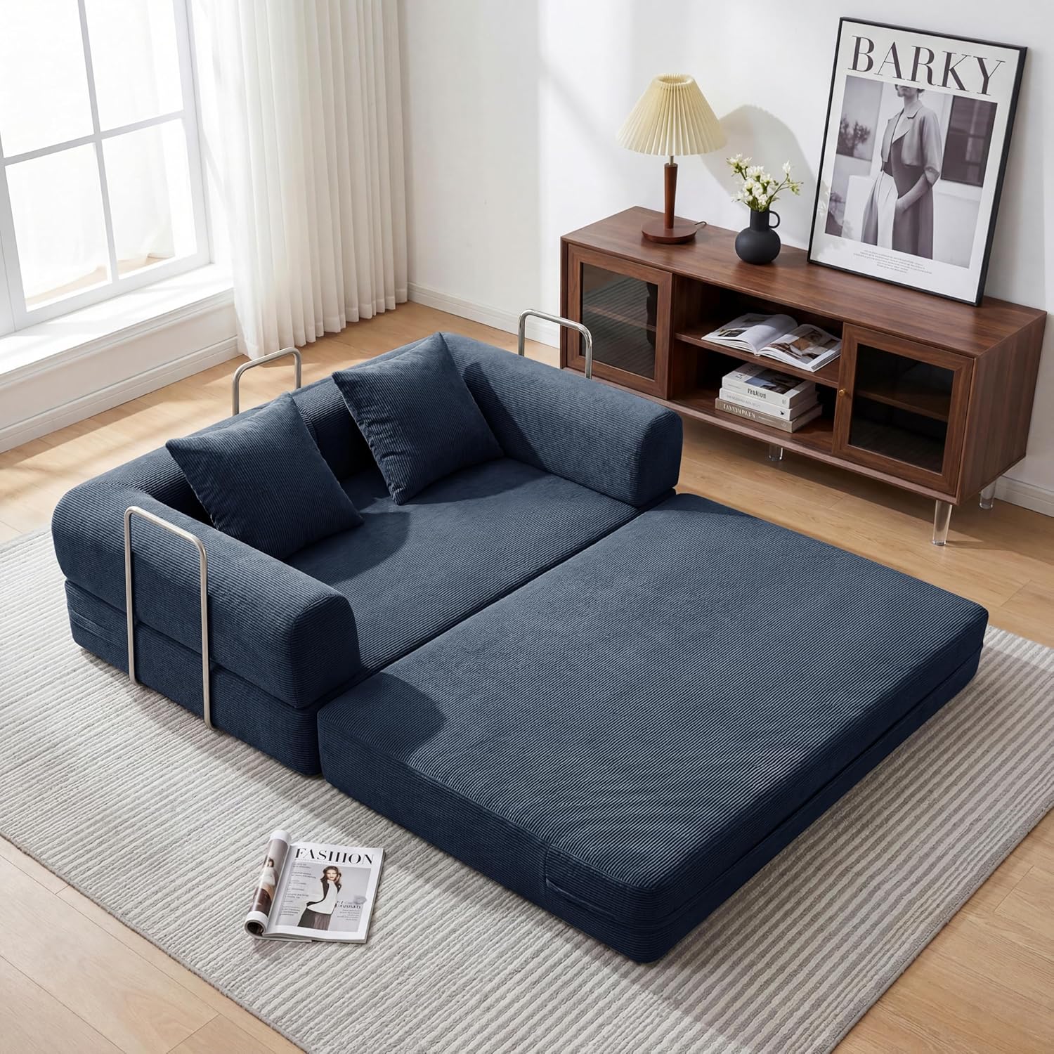 59'' Convertible Compressed Corduroy Folding Sofa Bed, Modern Boneless Pull Out Loveseat Sleeper in a Box, 4 in 1 Floor Mattress Futon Cloud Couch, No Assembly Needed, Navy Blue, 2 Pillows, Queen