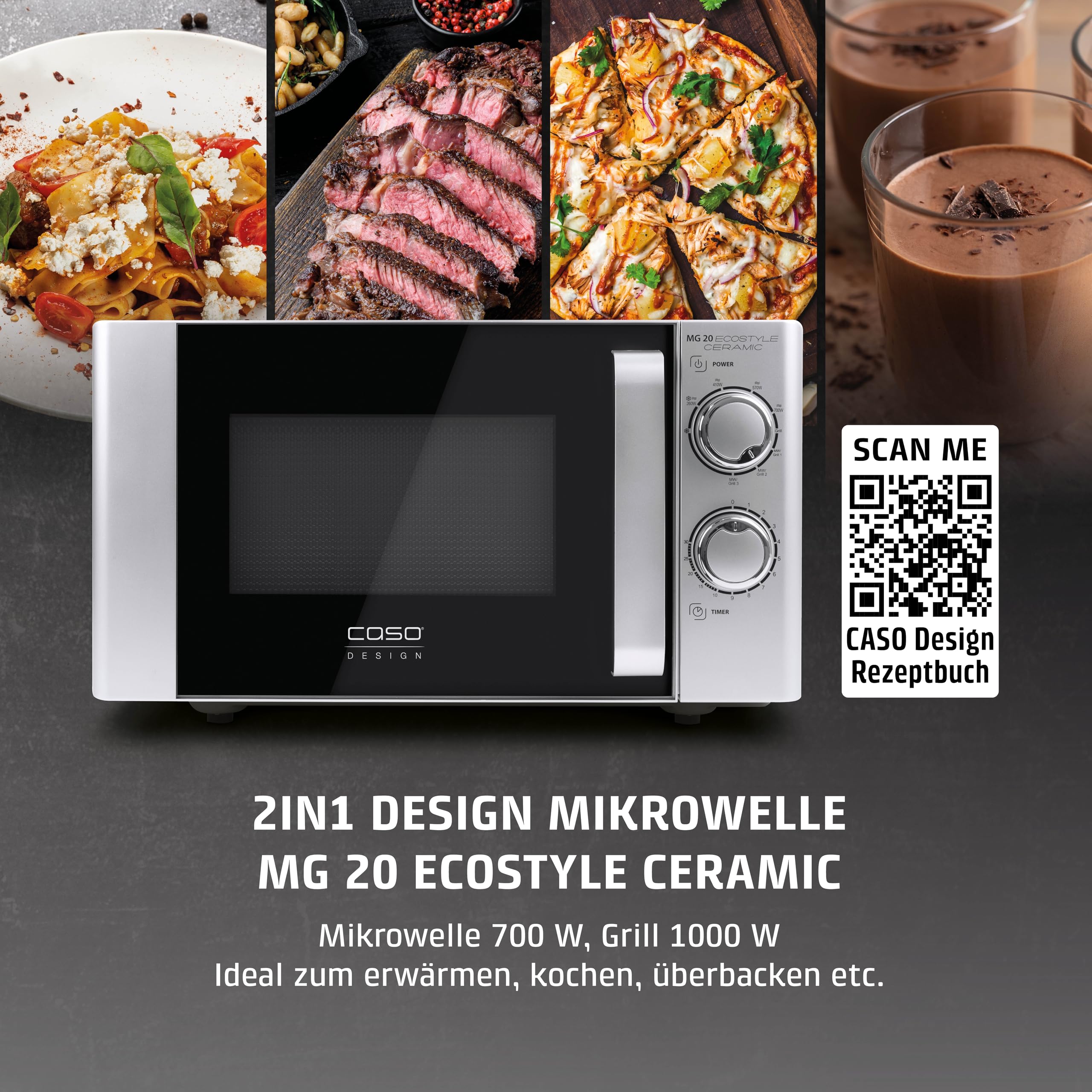 CASO MG 20 Ecostyle Ceramic Design Mikrowelle mit Grill, 20 Liter, Garen auf zwei Ebenen