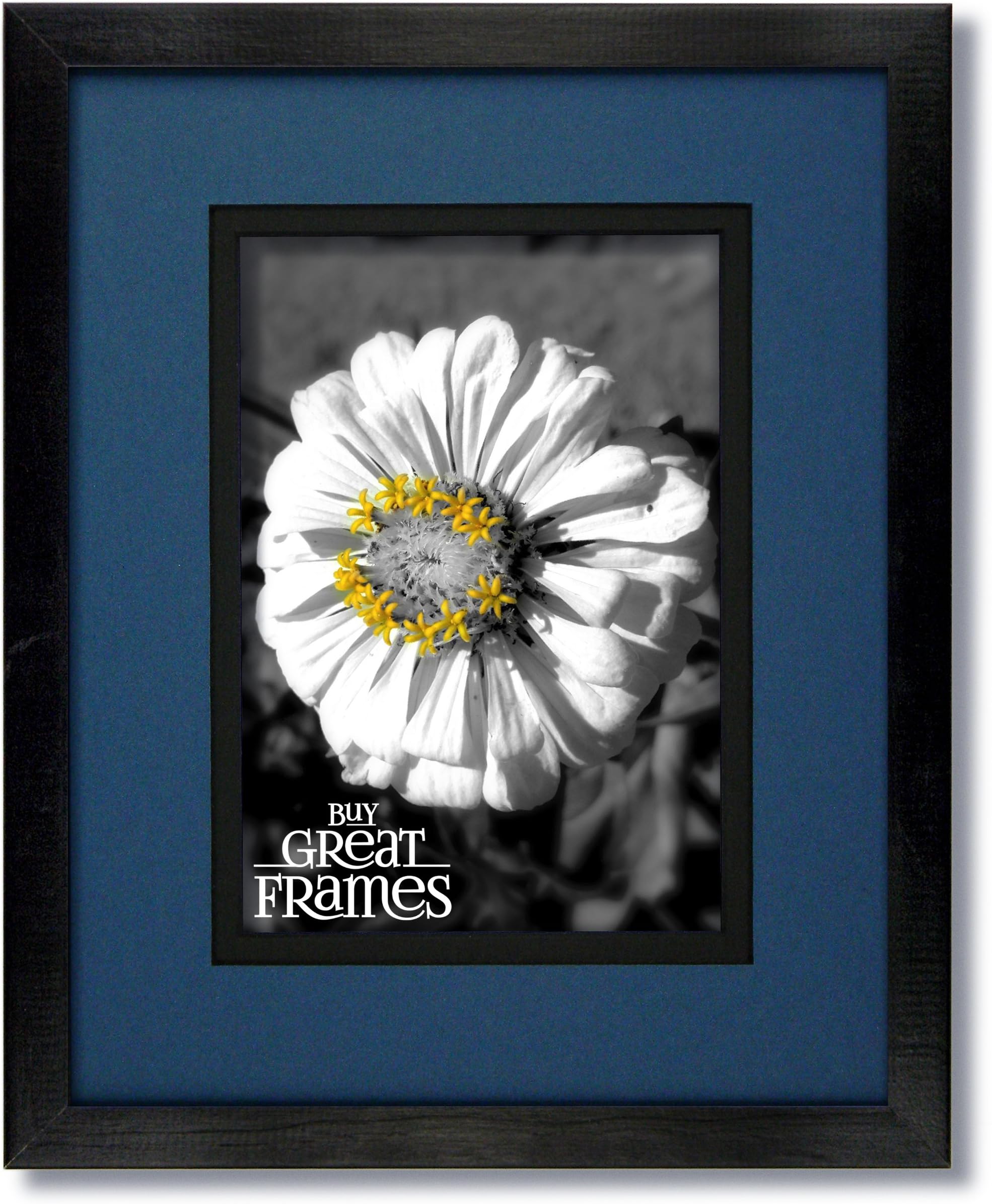 One 11x14 Black Wood Frame and Glass with Regal Blue/Black Black Core Double Mat for 8x10