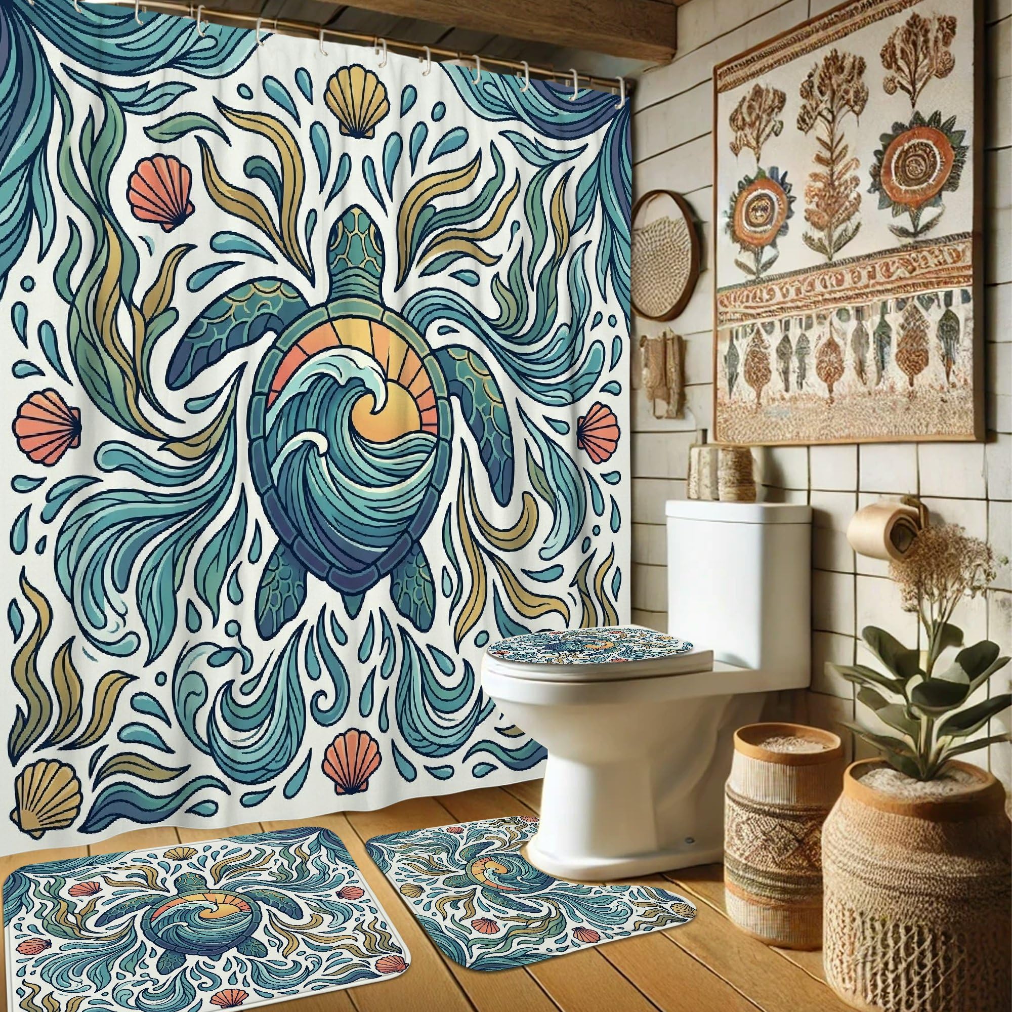 Rideau de douche tortue turquoise avec tapis lavable 183x183 cm