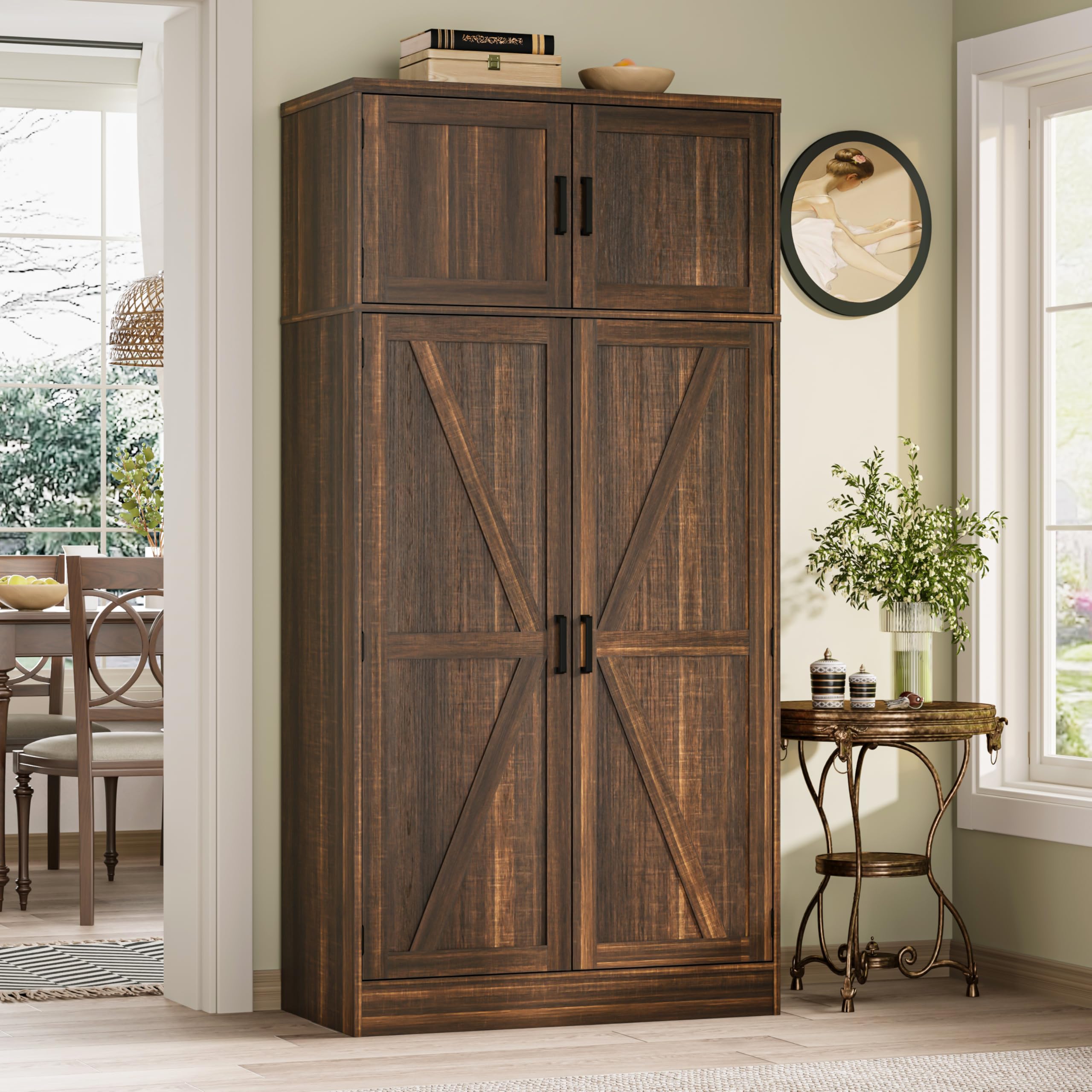 Unikito 71 inch tall farmhouse pantry cabinet with barn doors and adjustable shelves