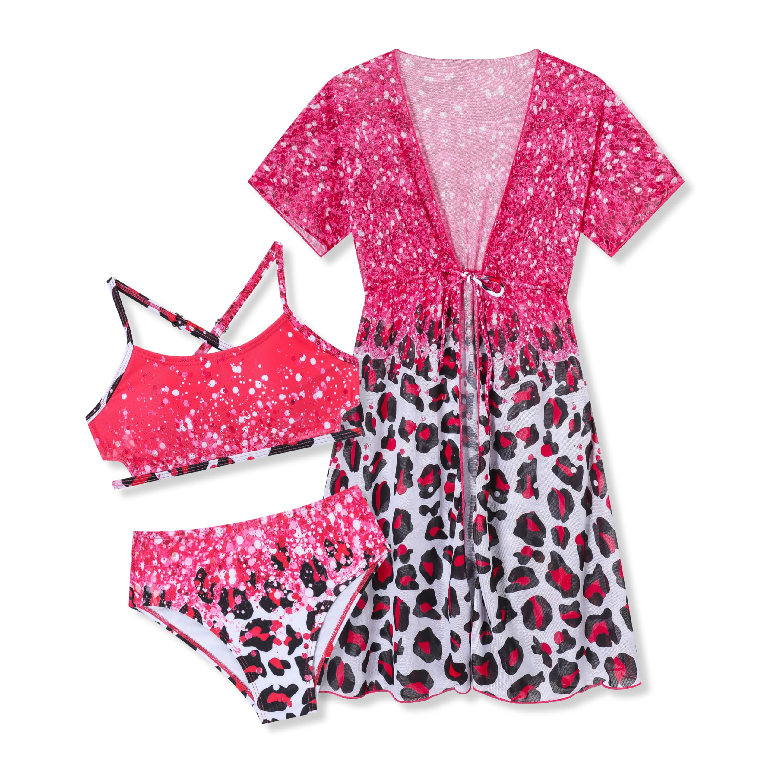 Girls Bikini Set 3 Piece - Striped Multicolored Swimsuit with Quick Dry Cover Up - Bathing Suit for Kids 6-14 Years
