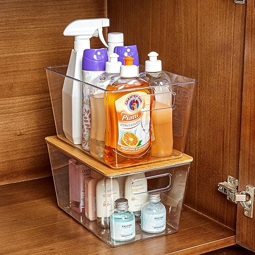 Miniatura 6 de Vtopmart Paquete de 6 cubos organizadores de almacenamiento apilables transparentes con tapas de bambú, recipientes grandes de plástico con asa para