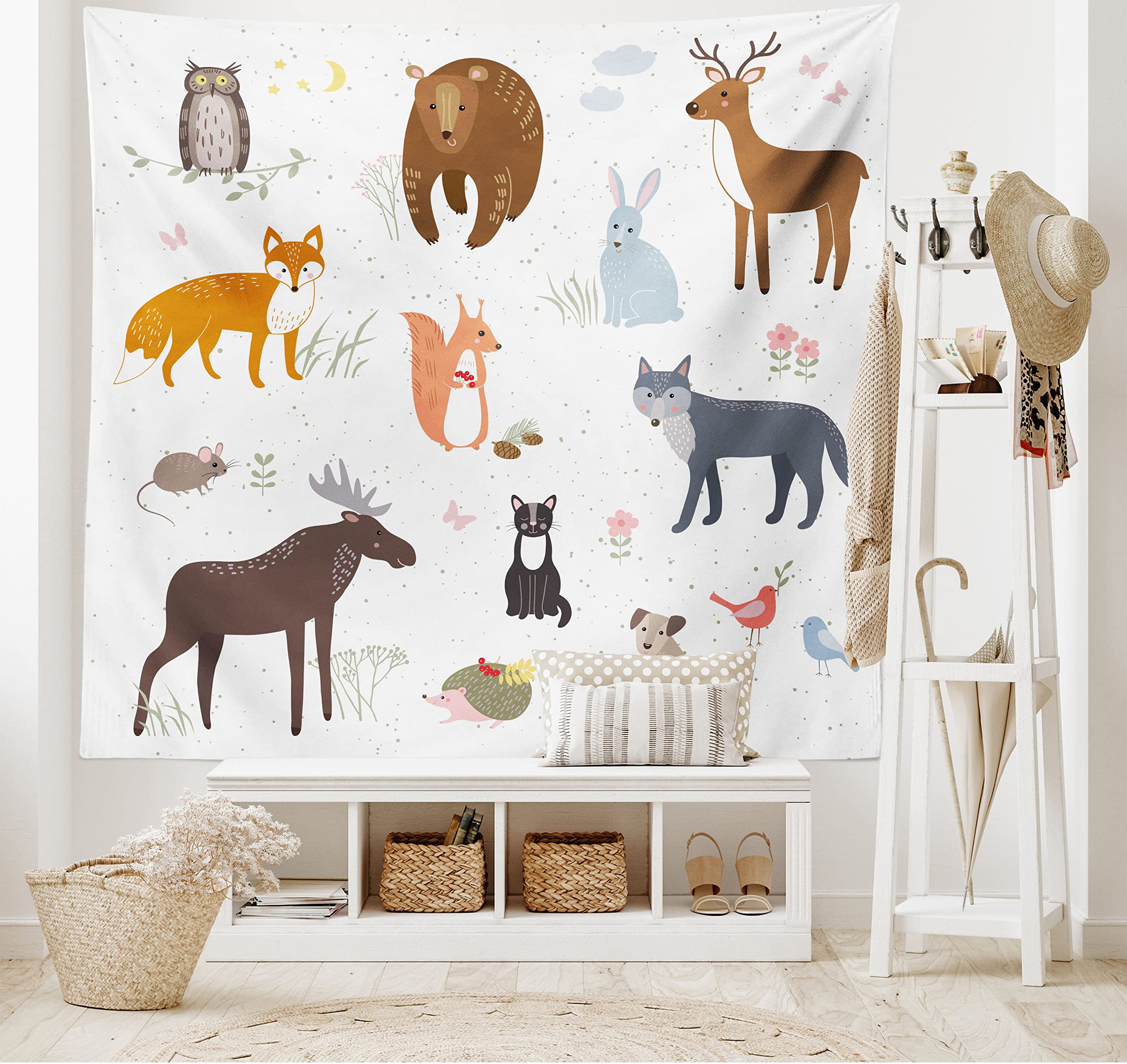 Ambesonne Cabin Tapestry, Animals in The Springtime Meadow Woodland Fauna Room, Wide Wall Hanging for Bedroom Living Room Dorm, 80