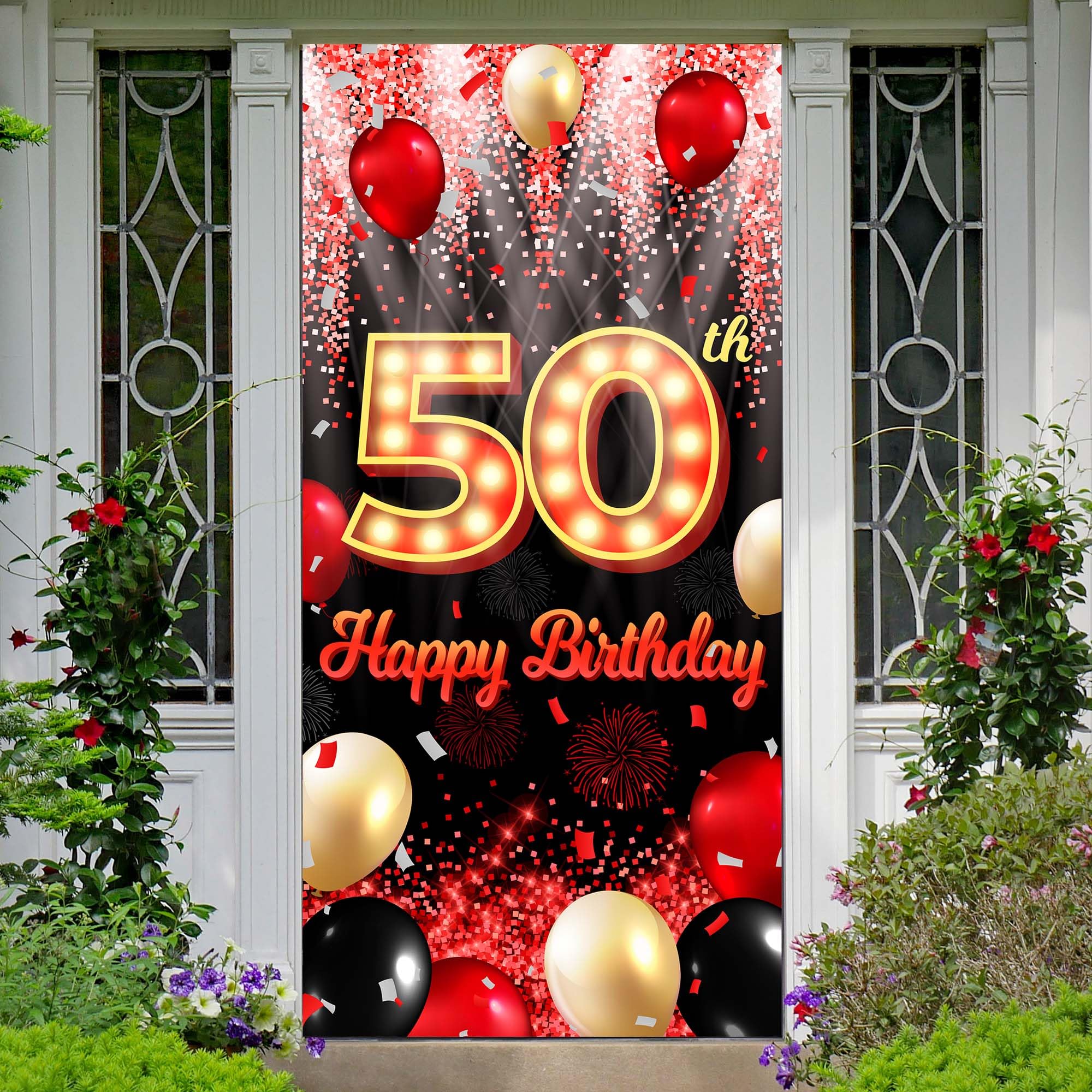 Happy 50th Birthday Backdrop Banner Black and Red Theme Background with Neon Shiny Fashion Birthday Party Photo Photography Prop Booth Door Background