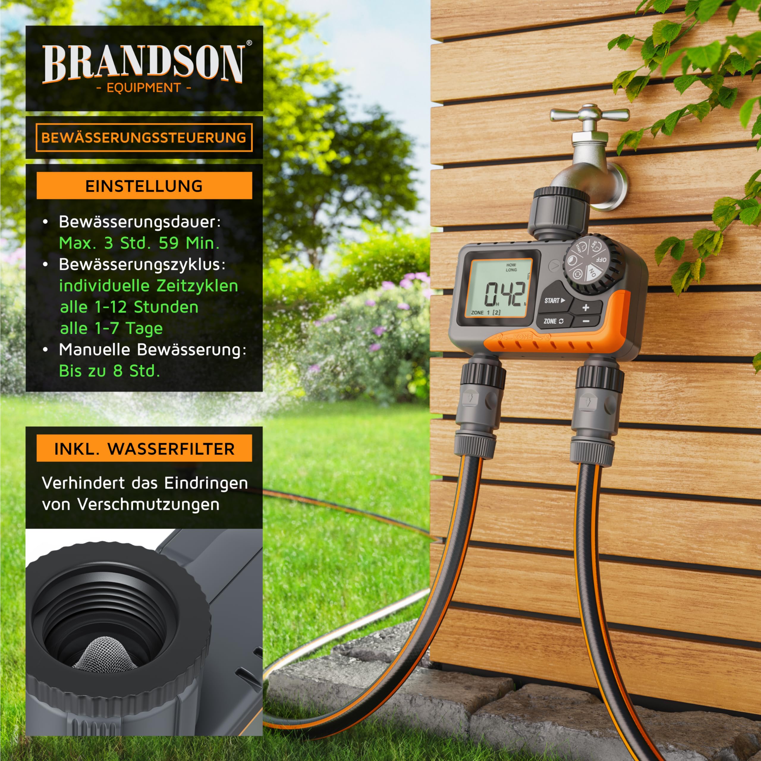 Brandson - Bewässerungssteuerung mit 2 Ausgängen - Bewässerungscomputer digital mit Display - 2 Zonen - Bewässerungssteuerung - Bewässerungssystem – Automatische Bewässerung - Balkon Terrasse Garten