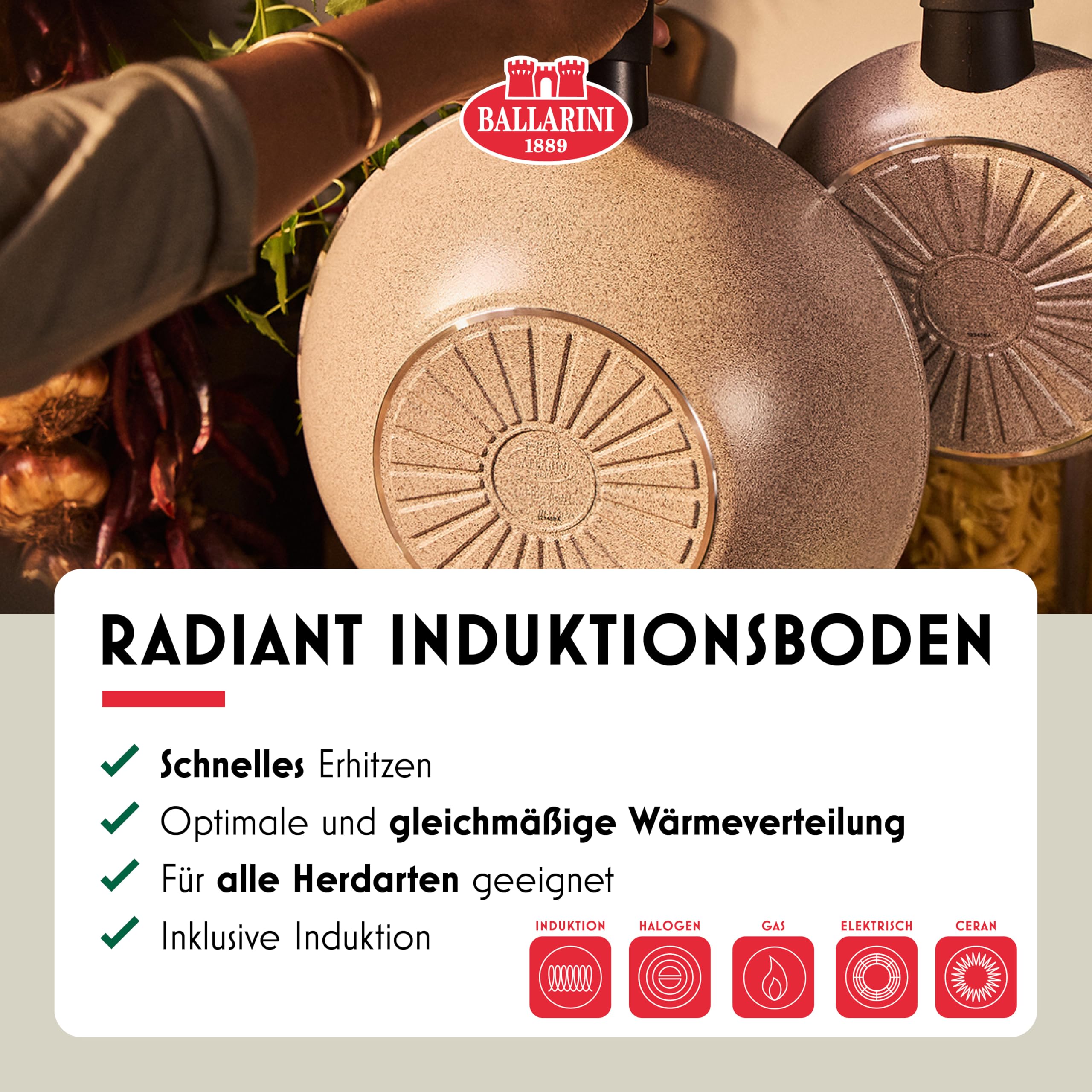 BALLARINI Ledro Wok 28 cm, Keramik Antihaftbeschichtung, Recyceltes Aluminium, Induktion, Made in Italy, Beige