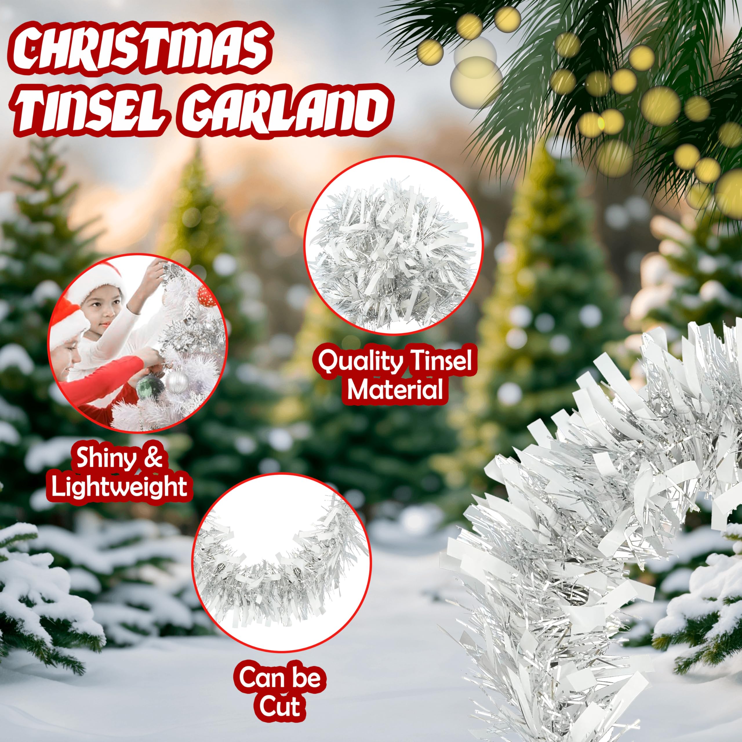 HOVUK® 5PCs Silver/White Chunky Tinsel Garlands Total 10M, White Garland Christmas Tree Decoration - Image 3
